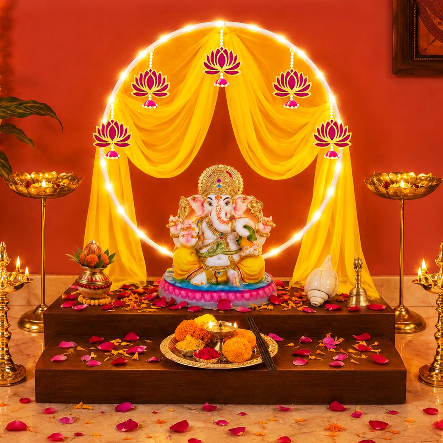 SpecialYou® Ganpati Decoration Setup for Home with Round Backdrop Stand for Decor with Lotus Hangings | Ganpati Decoration Stand for Home | Ganapati Decorations Item (Yellow Curtain, 7)-image-31