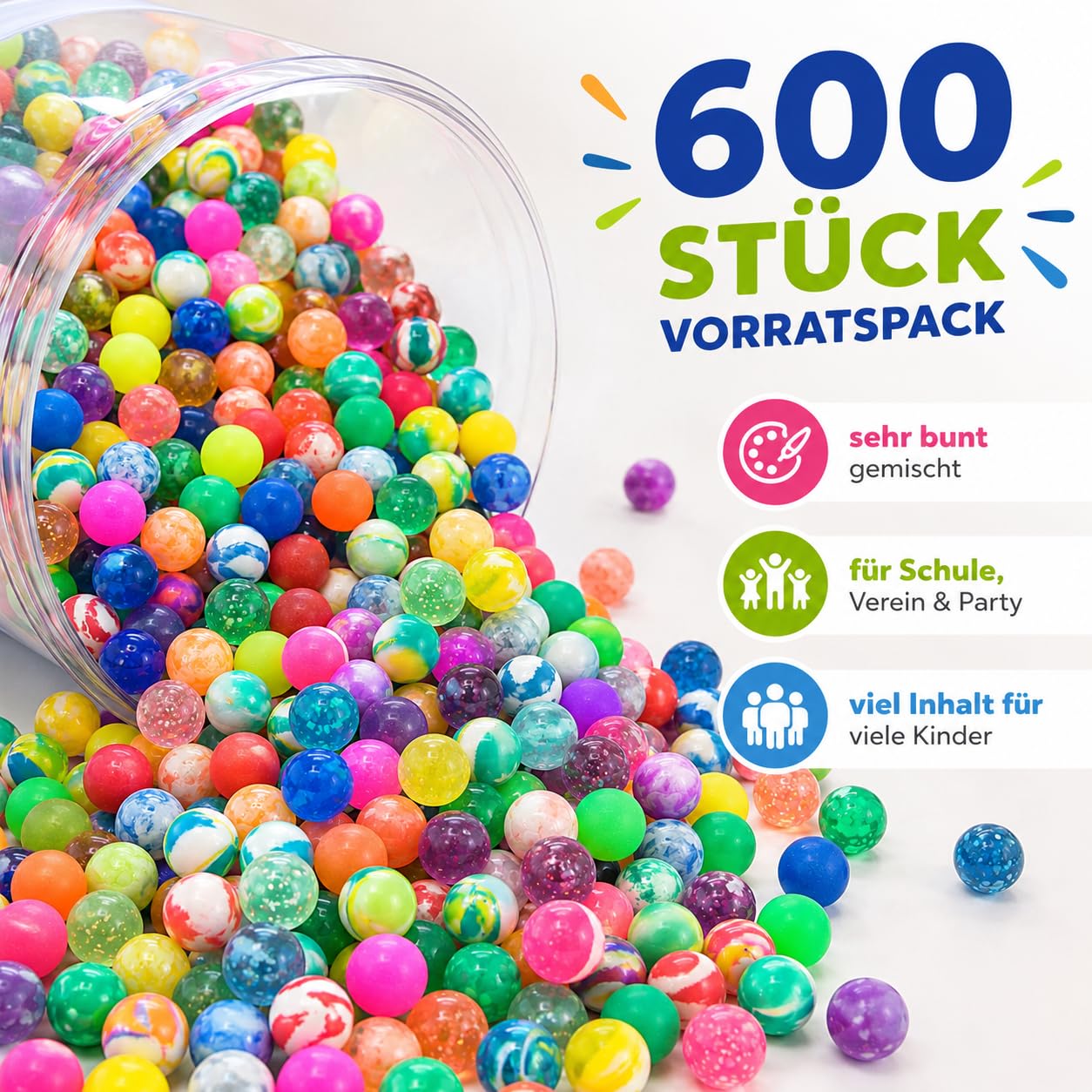 jameitop® 600 FLUMMIS gemixte Bunte Farben (Frost/Verlauf/Neon) 2 cm Spring Ball Sprungball Hüpfball Ball