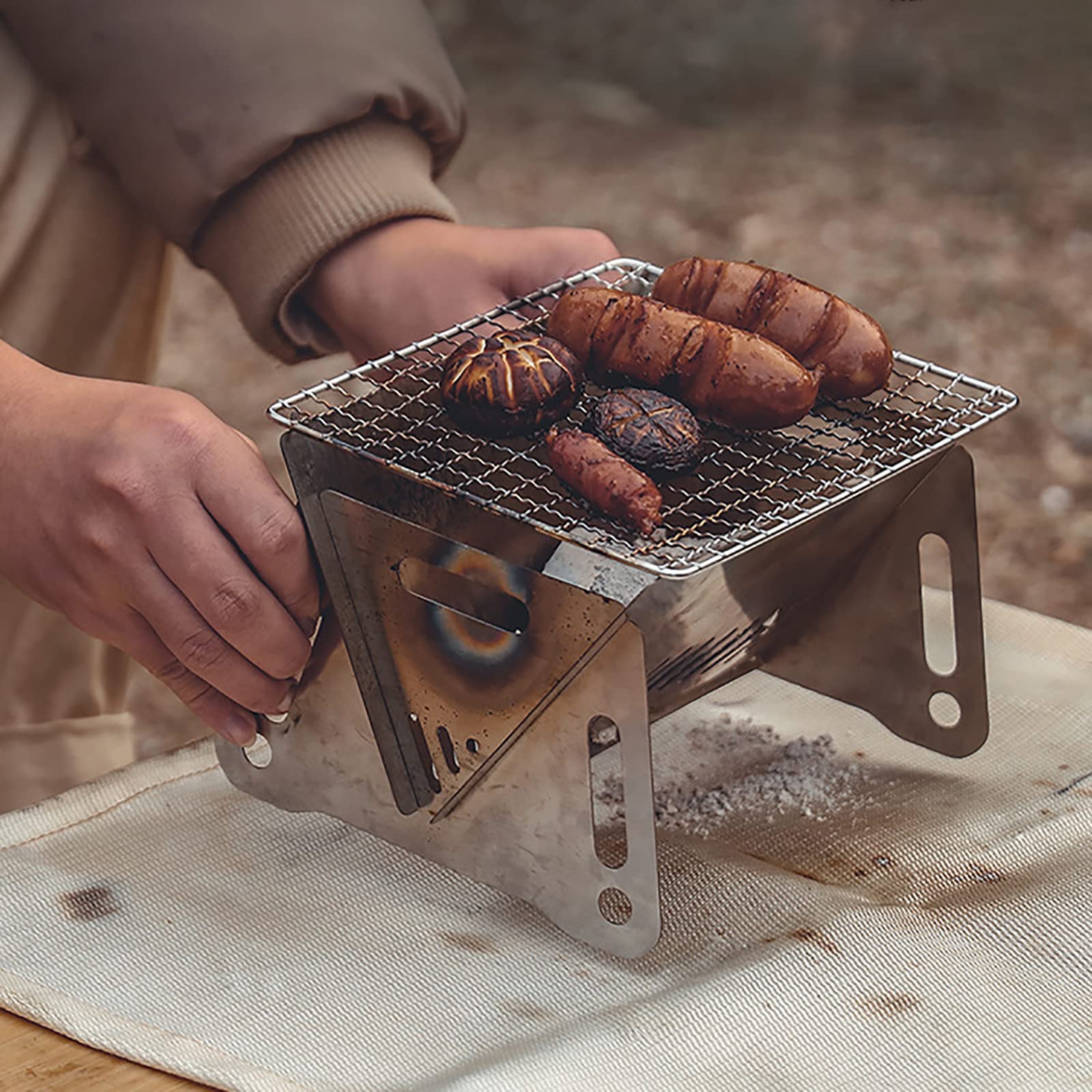 Generic Réchaud à Bois de Camping Portable Pliable en Acier Inoxydable Pliable Poêle à Bois pour Barbecue, Randonnée, Voyage, Pique-Nique