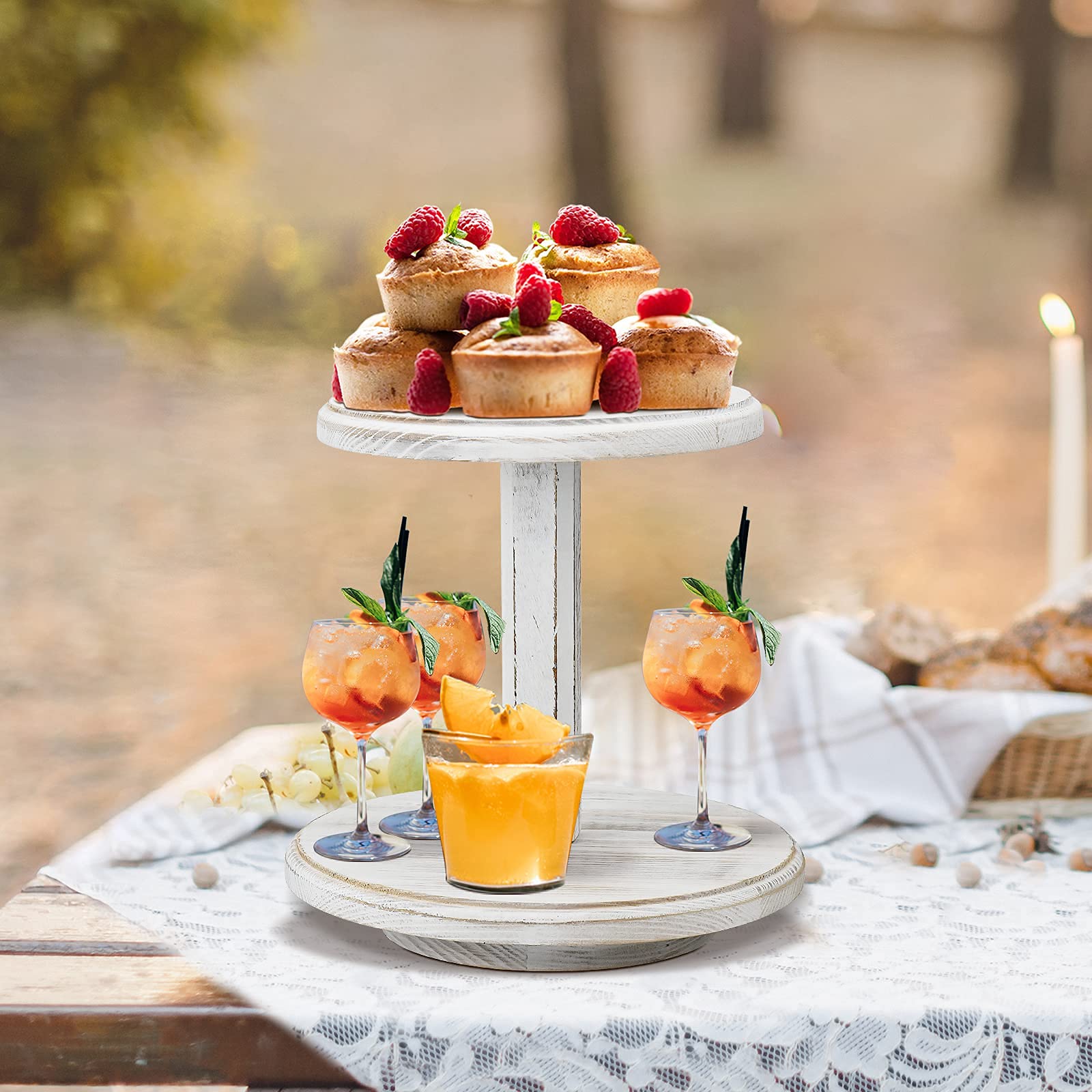 Cake Stand for Dessert Table Lazy Susan,2 Tier Rotating Cake Holder Tray Serving Platter, Wood