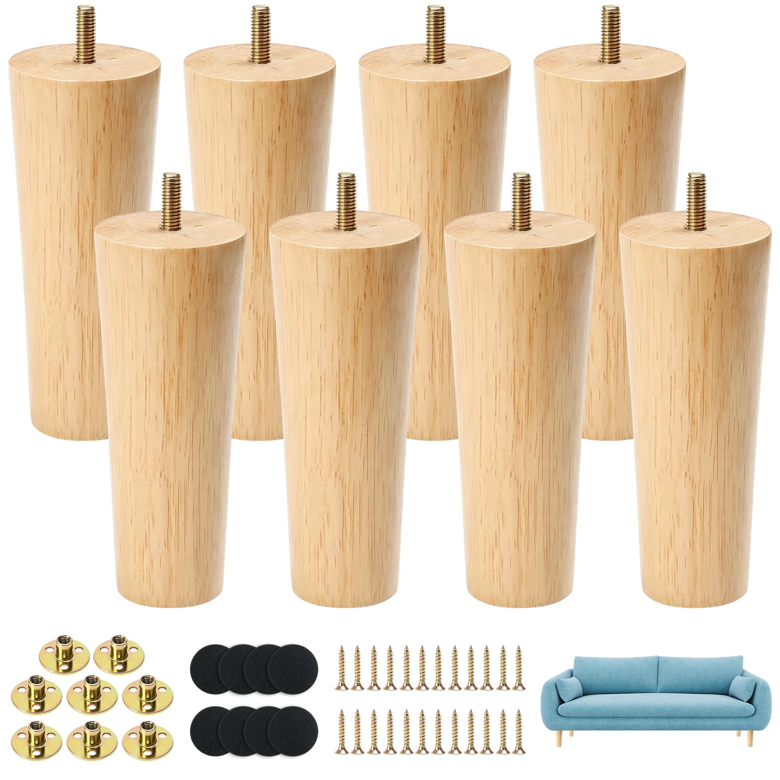 Luabue 6 inch Wooden Furniture Legs 15cm Sofa Feet Chair Legs Set of 8
