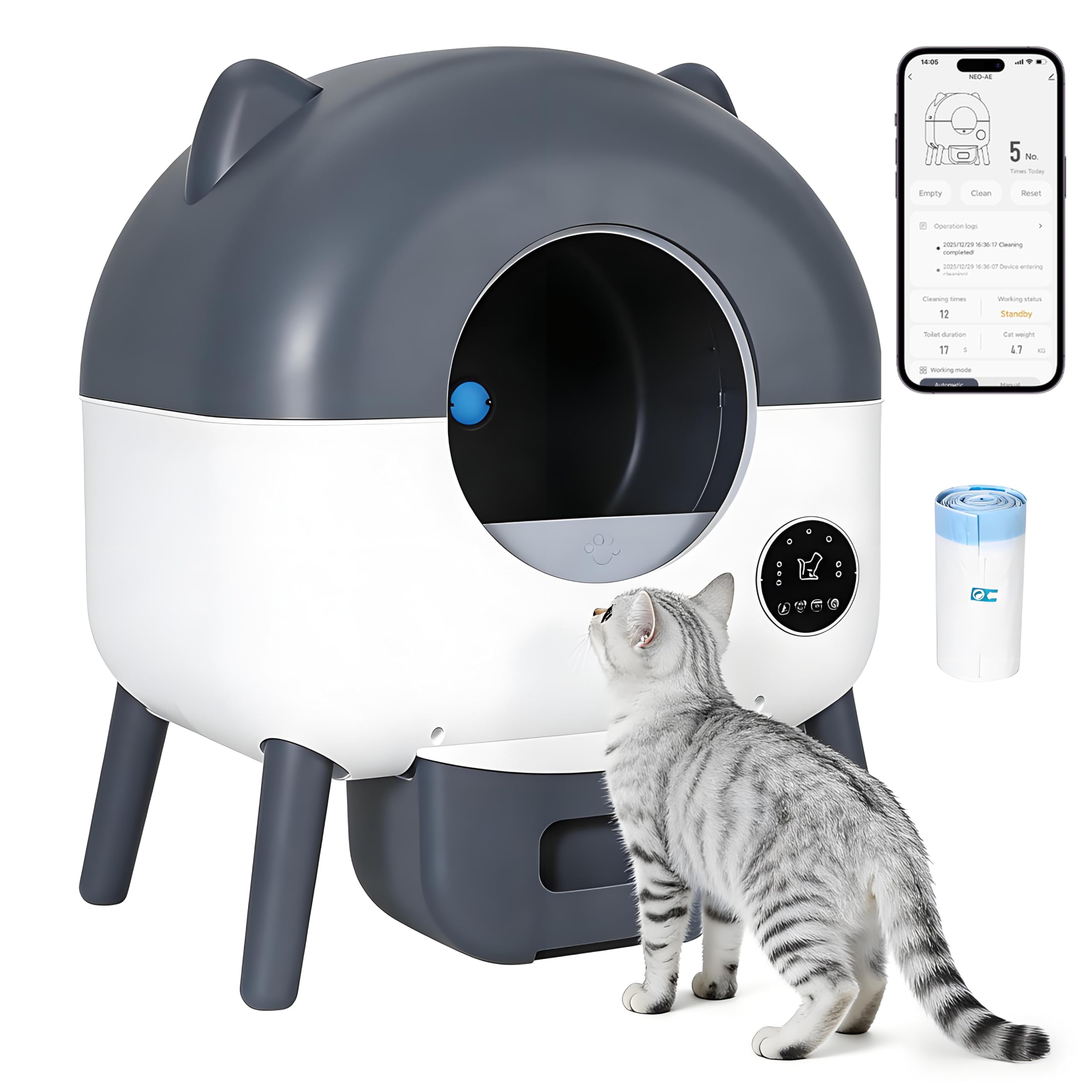 Self-Cleaning Cat Litter Box with Large Capacity and Automatic Cleaning, Smart Cat Litter Box with App Control, Automatic Litter Box Triple Safety Protection, 1 Rolls Garbage Bags, Dark Gray