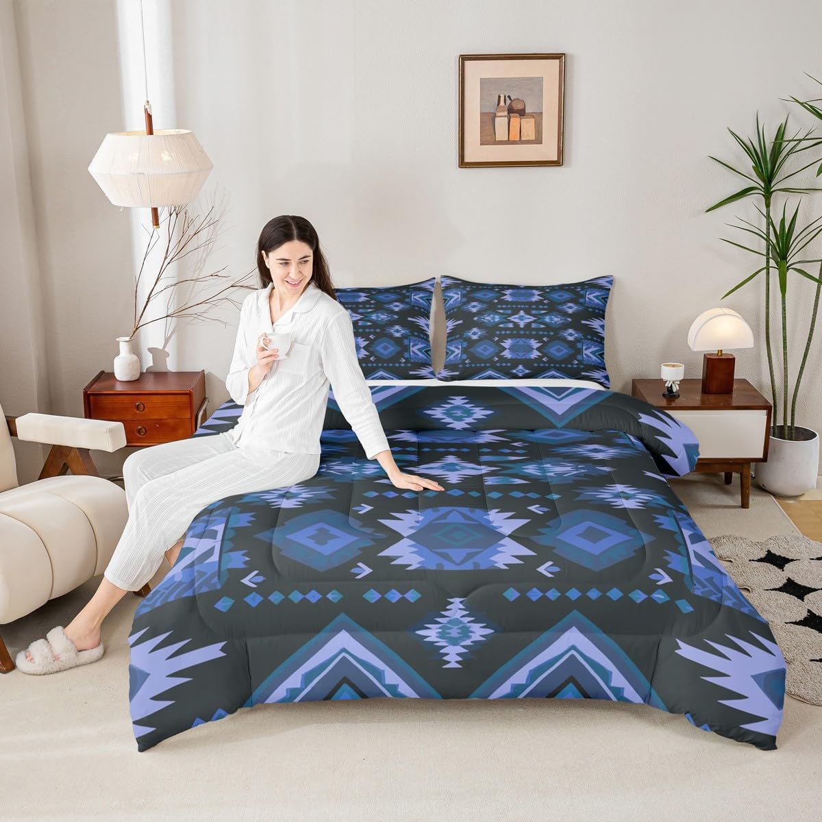 Feelyou Boho Bedding Set Queen Size Kids Southwestern Native Aztec Comforter Cover Southwest Native American Design Duvet Cover Balck Blue Breathable Soft Lightweight Microfiber