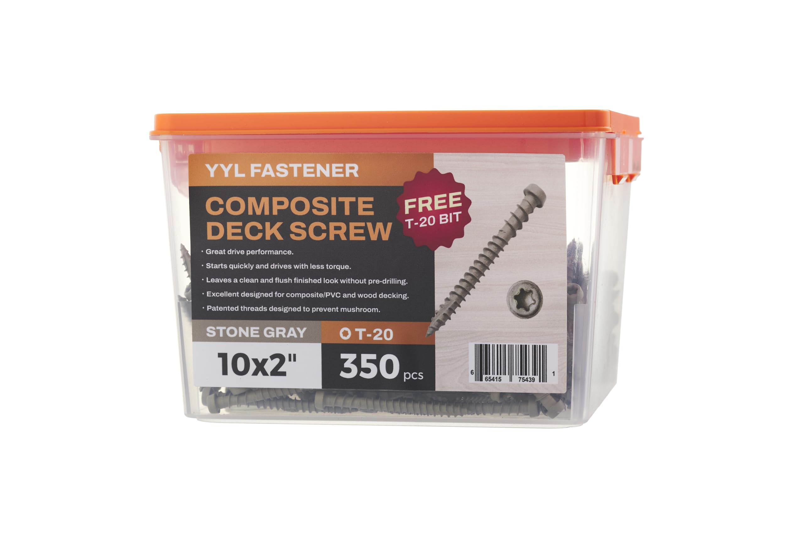 Coated Composite Deck Screws #10 x 2, Self Tapping Wood Screws and Deck Screws with Torx T20 Star Drive, Type 17 Point, Flat Head, 1 Free Bit Included (Stone Gray, 350), by YYL FASTENER