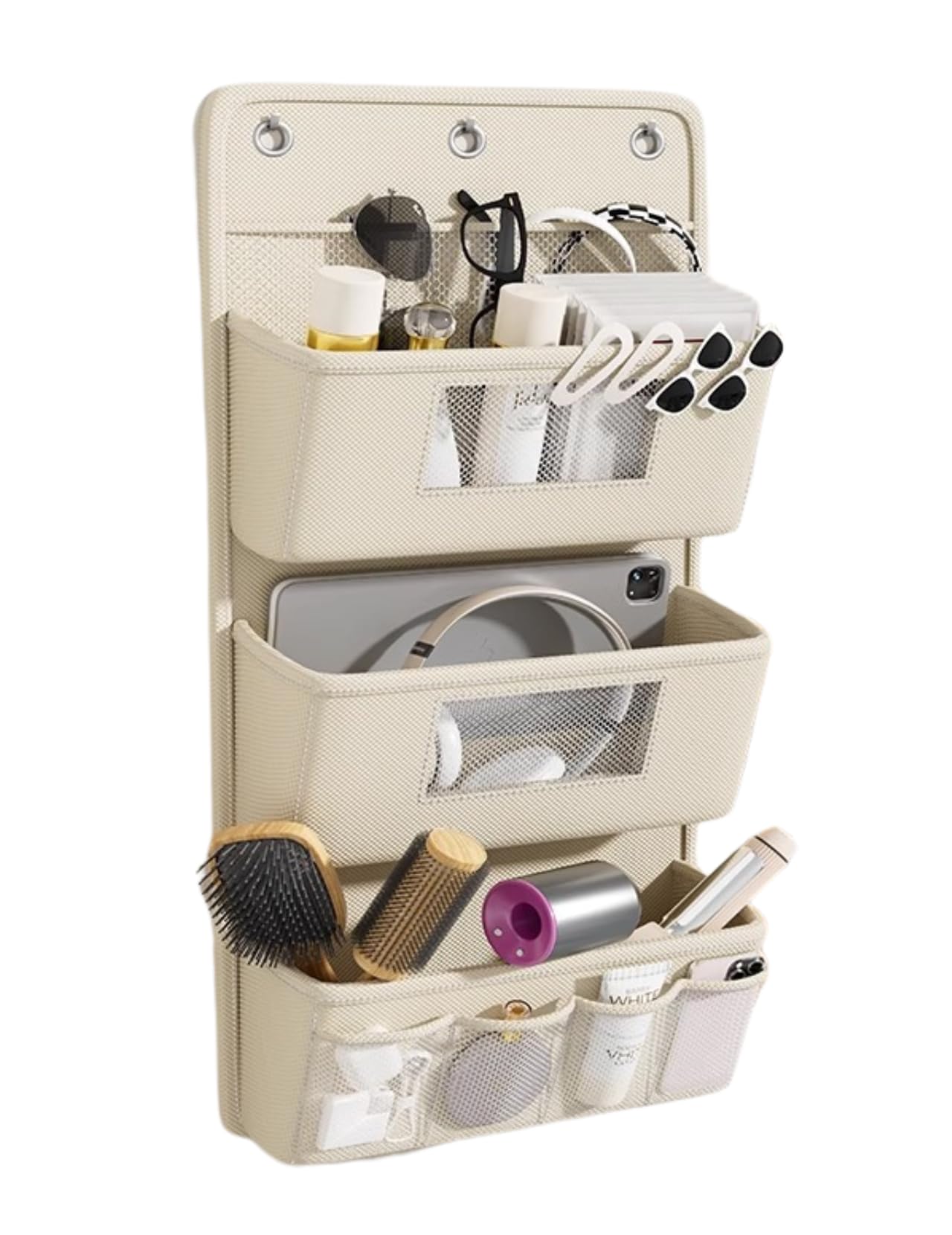 Organizador colgante de 3 capas 40 x 90 cm – Organizador de pared plegable de tela Oxford con 3 ganchos, organizador de puerta sin taladrar, almacenamiento para baño, armario (albaricoque)