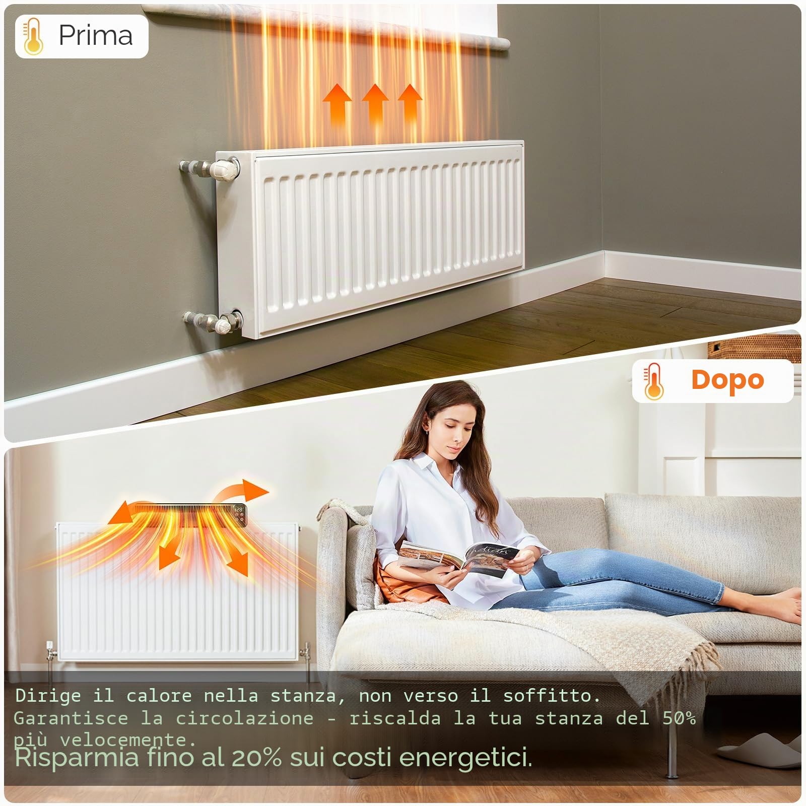 Ventilatore per radiatore, ventilatore per radiatori, miglioramento della distribuzione del calore, risparmio energetico, 2 modalità, ventilatore di riscaldamento (1 pezzo, nero)