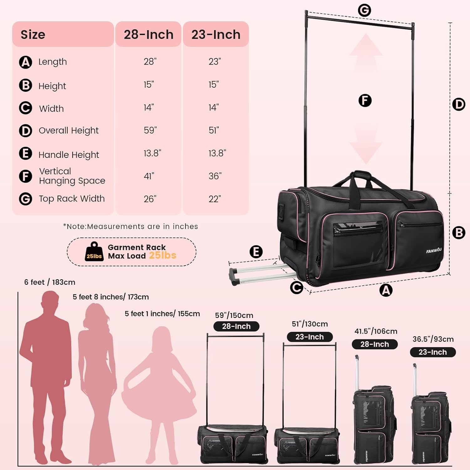 Fanwoli 28" Dance Bag with Garment Rack | Upgraded Stable System & Fabric | More Lightweight & Wear-Resistant | Ideal Competition Rolling Duffle Bag | Black/Pink Trim