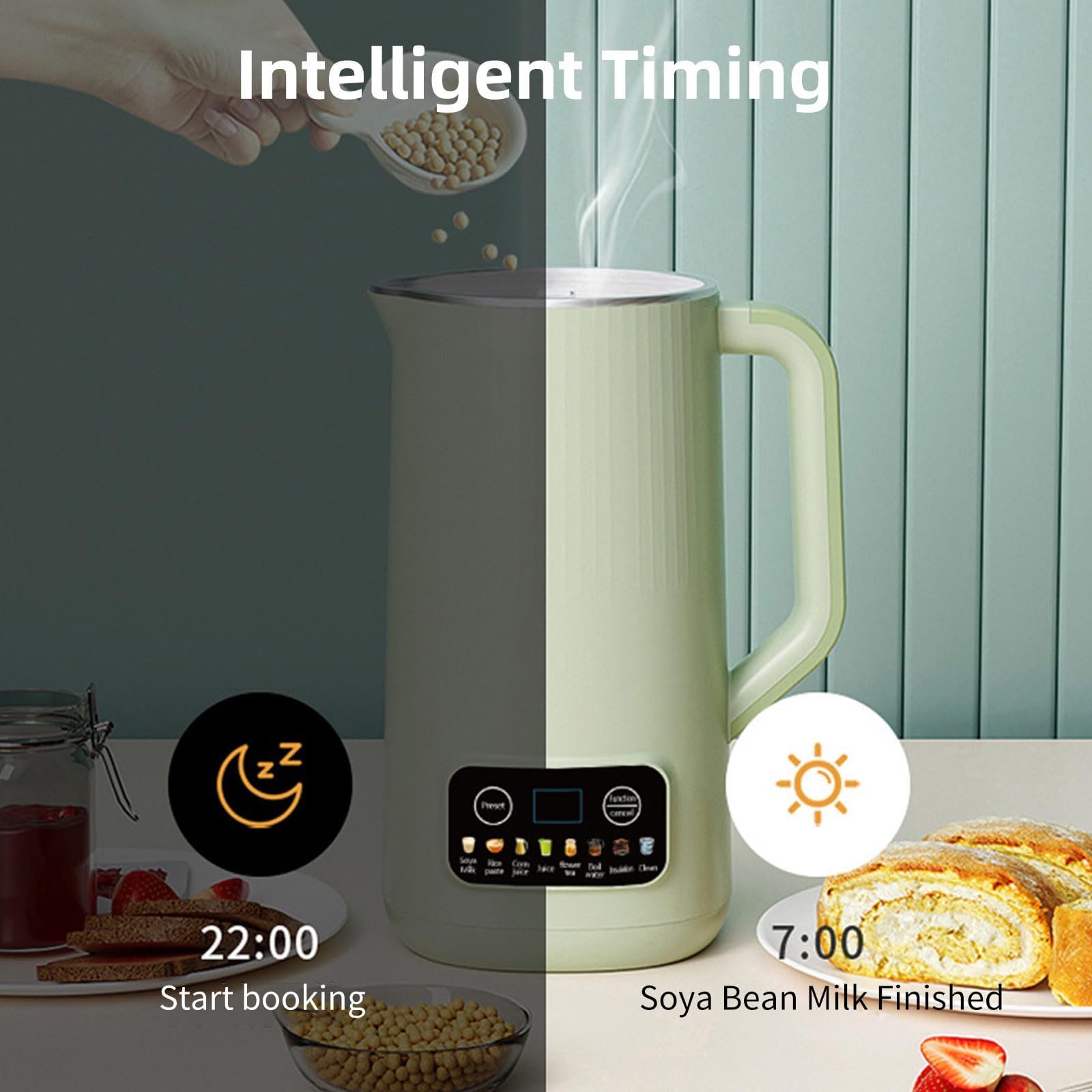 Automatic Soy Milk Maker, 600 ml maszynka do mleka z timerem 12 h i 9 funkcjami, 10 ostrzami ze stali szlachetnej o wysokiej jakości liści, mlekiem migdałowym, białym
