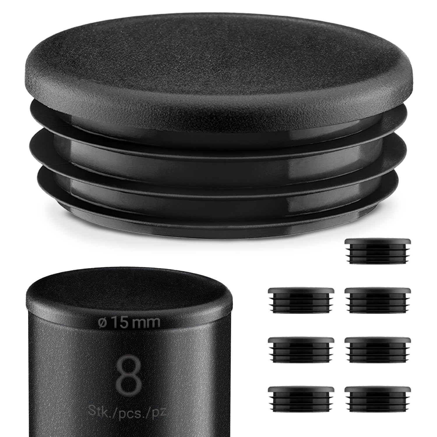 EMFA Lamellar Plugs, Round, 15 mm, Black, Pack of 8 Pipe Plugs, Round End Caps, Steel Pipe, 15 mm, Plastic Plugs for Round Pipes, Pipe End Caps, Plastic Caps for Pipes, Pipe End Caps, 1.5 cm