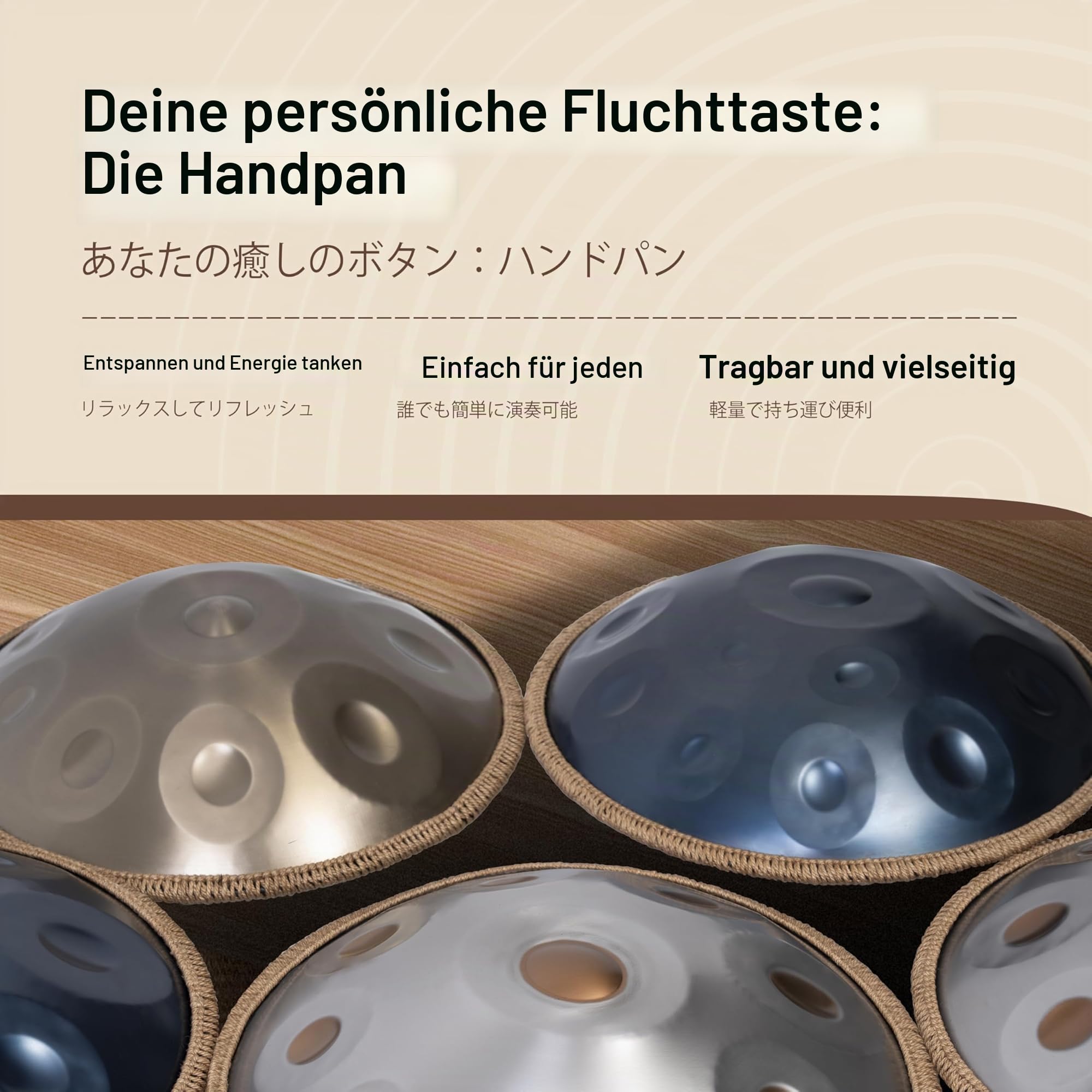 Handpan Drum - 22 Zoll 9 Noten D Kurd 440Hz - Hand Tuning Handpan - Includes Soft Bag, Mallets, Stand, Note Stickers, Cleaning Cloth - Artist Performance Video