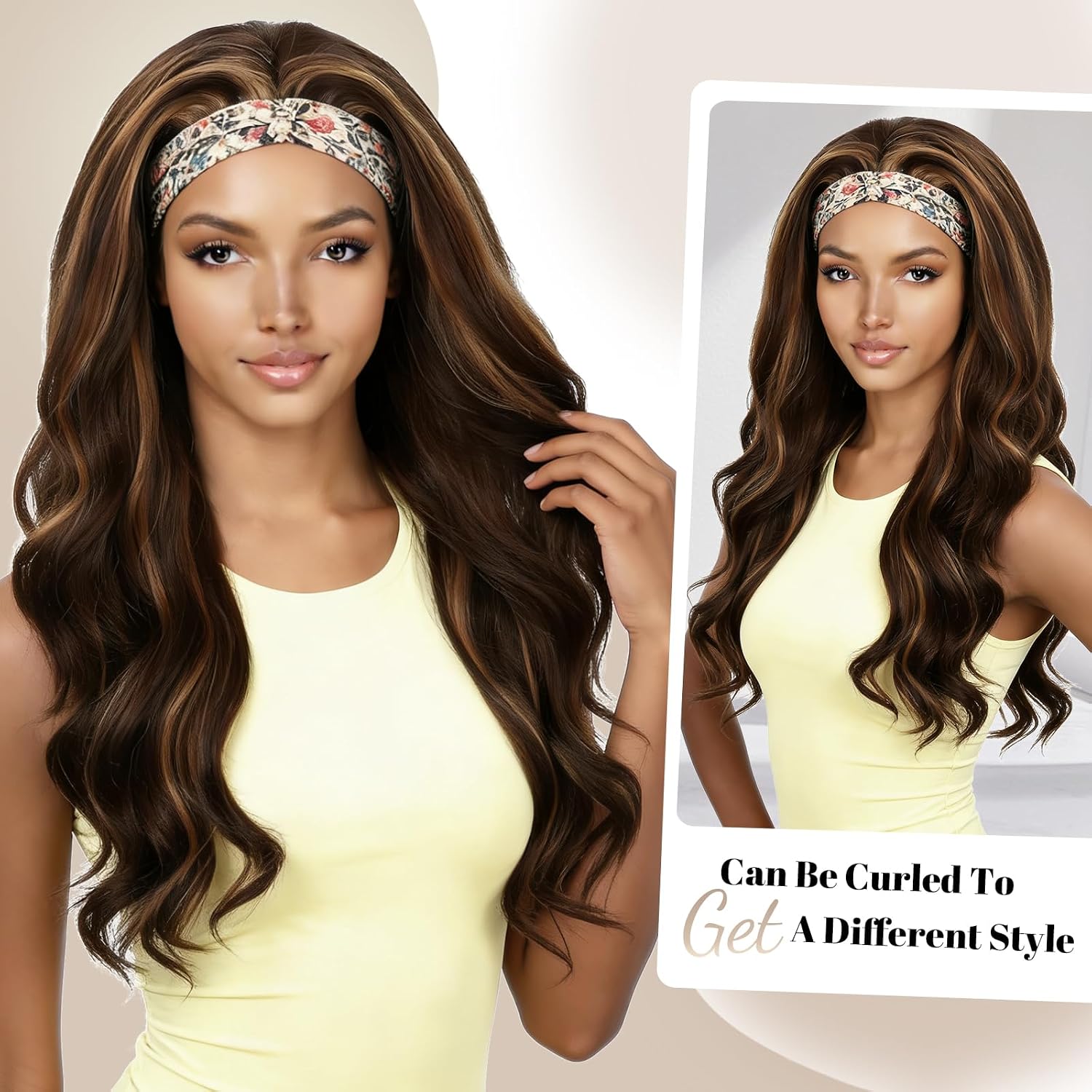 Wavy Headband Wig Synthetic Body Wave Headband Wigs for Black Women Glueless Half Wig Soft & Natural as Human Hair (4H27, 20 Inch)