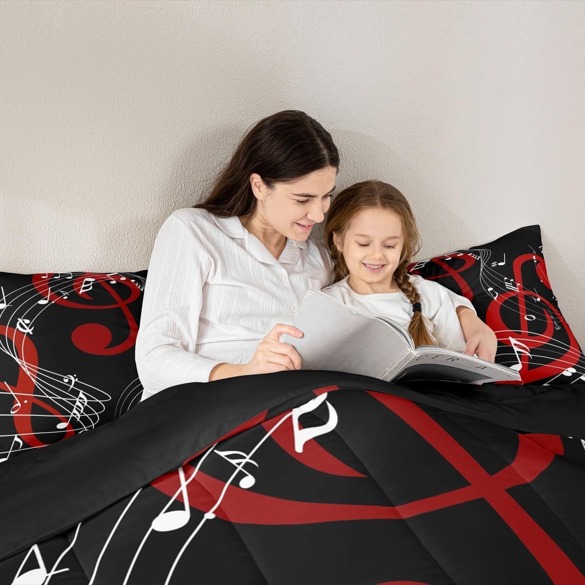 Musical Notes Comforter Set Queen Size,Red Black and White Bedding Set 3pcs for Kids Boys Girls Women Room Decor Abstract Music Theme Quilted Duvet Men Modern Soft Duvet Insert,2 Pillowcases