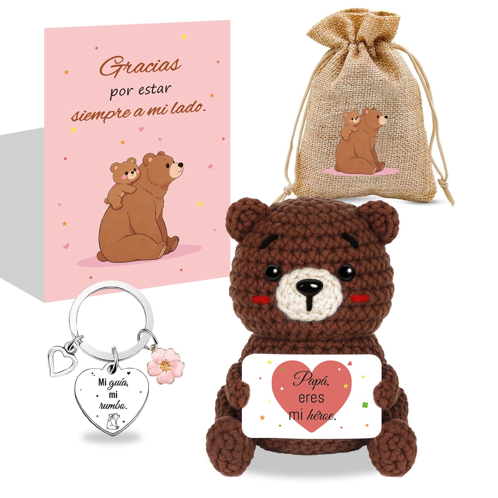 Regalo Padre - Osito de Ganchillo a Mano con Tarjeta Papá, Eres mi héroe, Regalo Original para Papa, Oso Peluche Ganchillo Padre en Cumpleaños Navidad Día de la Papa