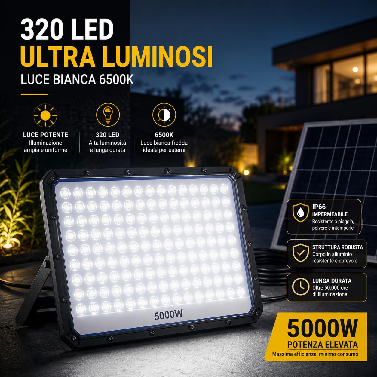 Faro Solare LED Esterno 5000W, 320 LED ad Alta Luminosità, IP66 Impermeabile, Luce Bianca Fredda 6500K, Telecomando, Autonomia fino a 12 Ore, Illuminazione per Giardino, Garage, Cortile e Terrazzo