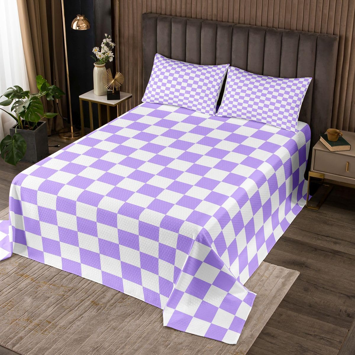 Liliowa kołdra w szachy, 2 szt., patchwork, liliowa, biała, pled, pikowana, nowoczesna, prosta geometryczna dekoracja, zestaw pościeli, rozmiar S