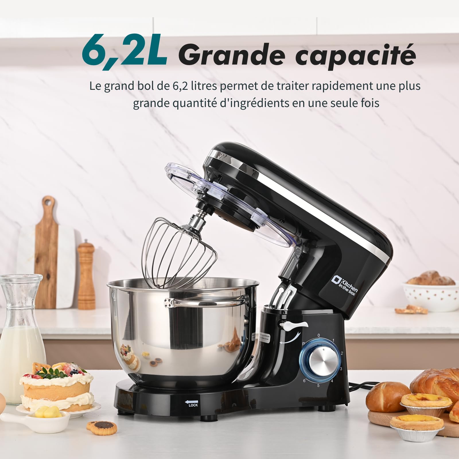 Kitchen in the box Robot Pâtissier 1400W, Bol 6,2L en Acier Inoxydable, 6 Vitesses, Fouet, Crochet et Batteur Inclus, Idéal pour Pâtisserie et Boulangerie (Noir)