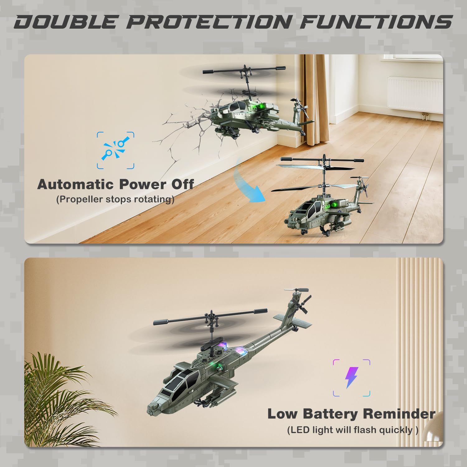VATOS Helicóptero teledirigido 2.4G con 2 baterías y luz LED con despegue con un solo botón, serie militar de juguetes helicóptero RC para niños o principiantes de edades comprendidas entre 14 y más