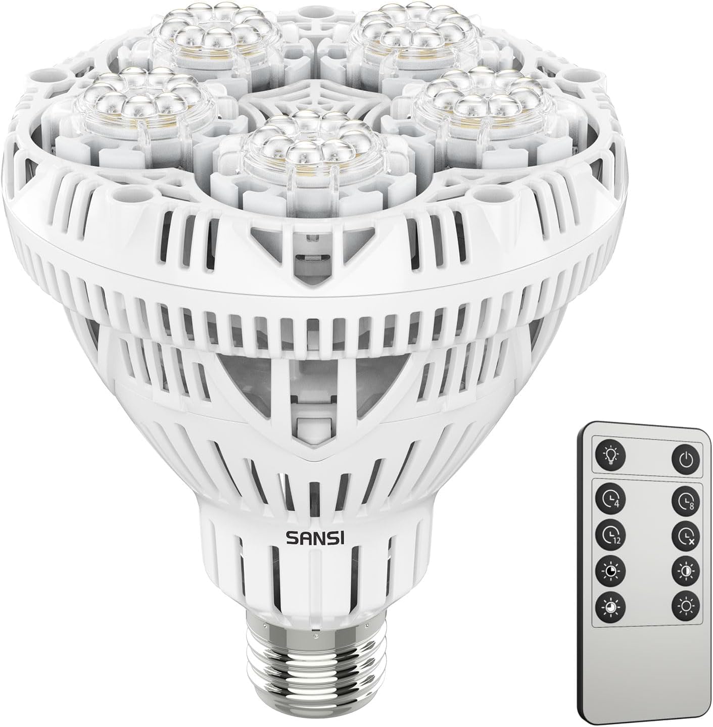 SANSI Dimmable Grow Light Bulb Full Spectrum, High PPFD 30W Grow Bulb (450 Watt Equiv) with Remote, Auto On Off Timing 4 8 12 Hrs, Energy Saving Plant Light Bulb with E26 Base for Indoor Plants