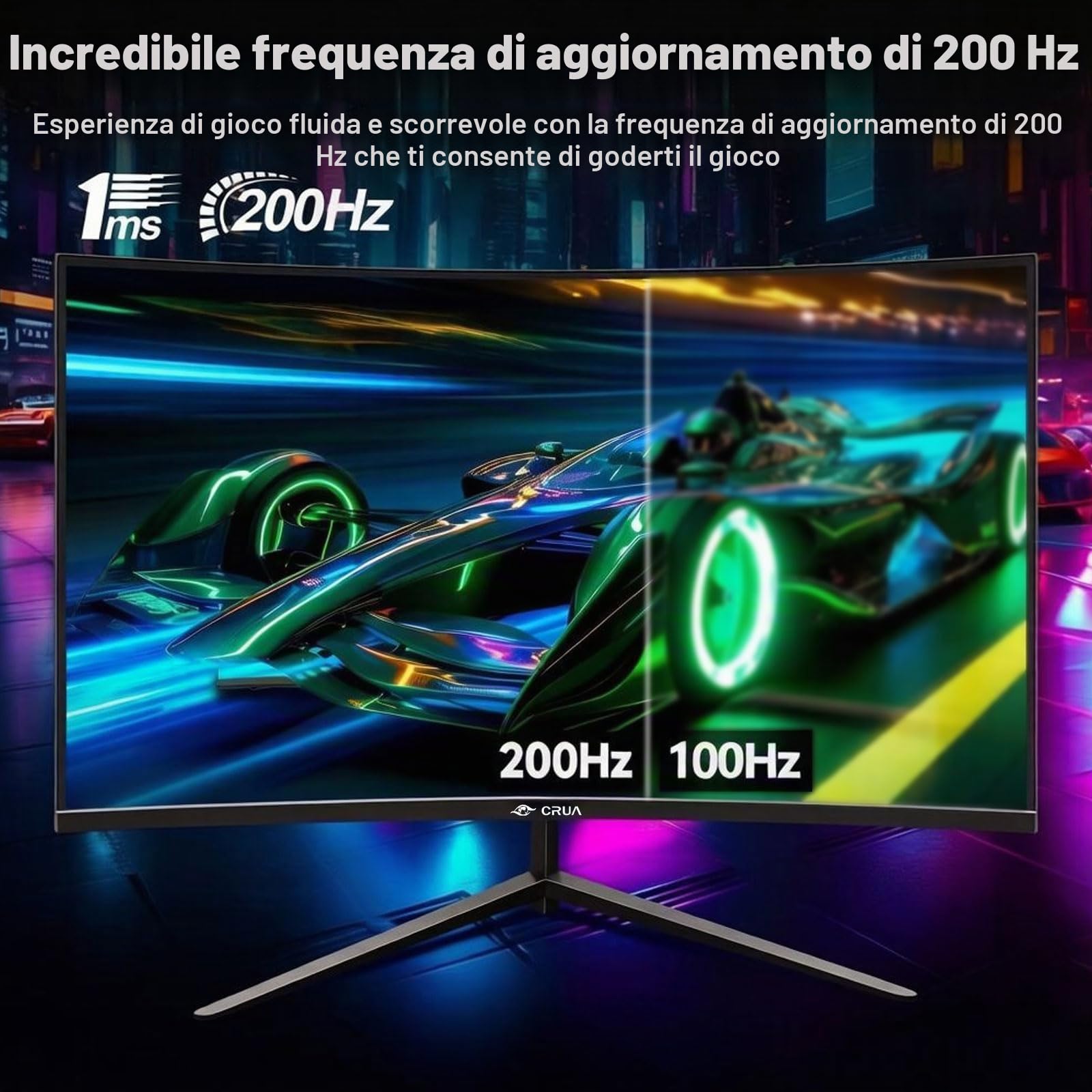 CRUA Monitor da gaming curvo da 27 pollici 144Hz/200Hz, monitor per computer FHD 1920 * 1080P 1800R senza cornice, 1ms GTG con FreeSync, Low Motion Blur, Eye Care, VESA100*100, DisplayPort, HDMI, Nero