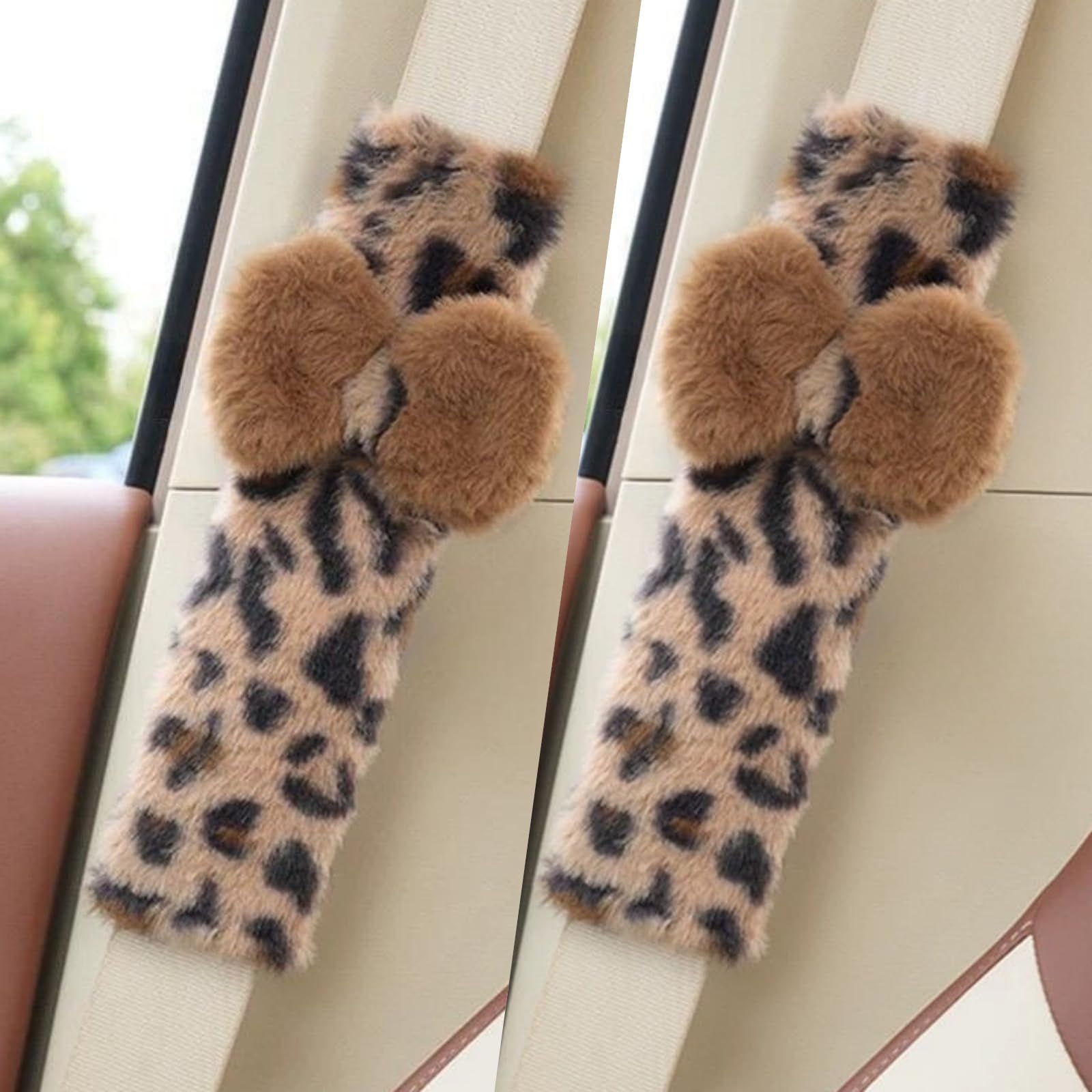 Zigihos 2 PCS Leopard Print Bow Seat Belt Cover Pad, Cheetah Print Seatbelt Covers for Women Adults, Plush Soft Seatbelt Cushion, Car Seat Strap Pads