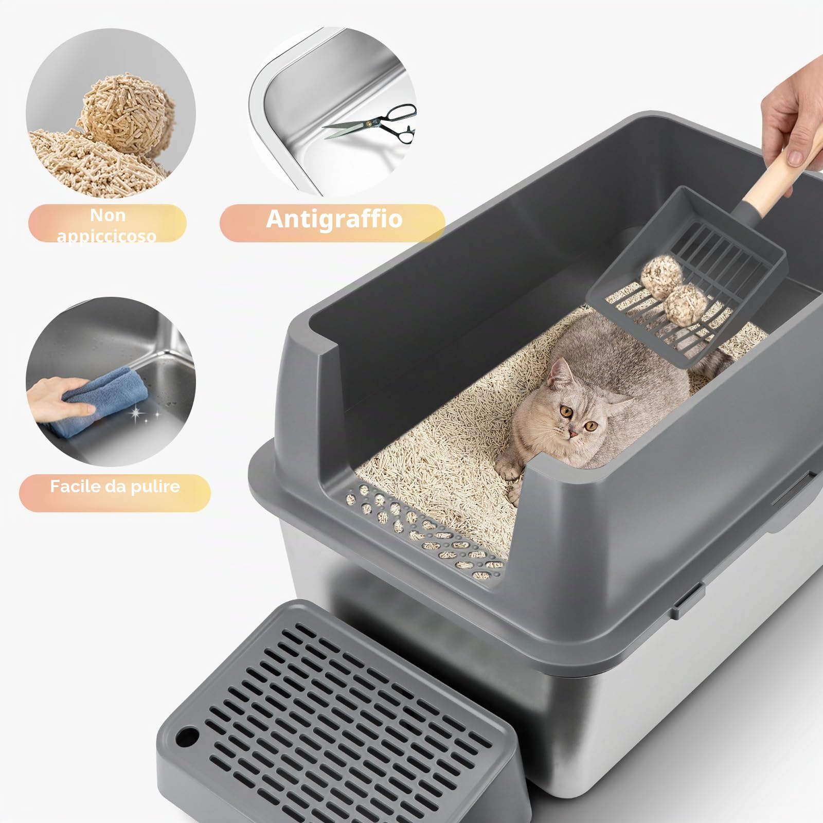 Lettiera per gatti in acciaio inossidabile con coperchio, lettiera in metallo con lato alto rimovibile, con setaccio, paletta, anti-perdite, antiaderente, facile da pulire (grigio scuro)
