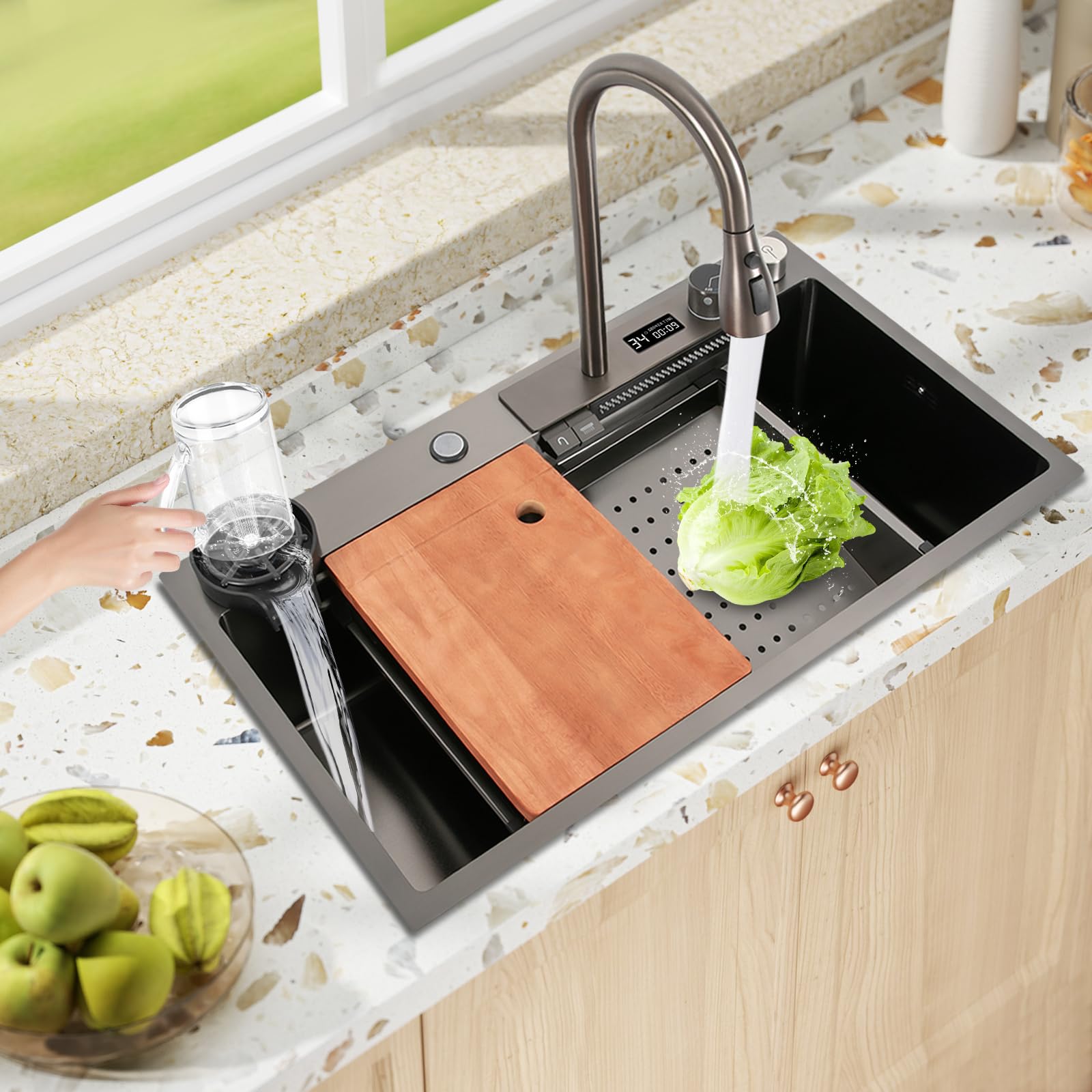 80 * 46 * 20 cm Küchenspüle Wasserfall-Spülbecken Küchenspülen Digitalanzeige Wasserfall-Spüle multifunktionalem Edelstahlspüle Mit Küchenarmaturen