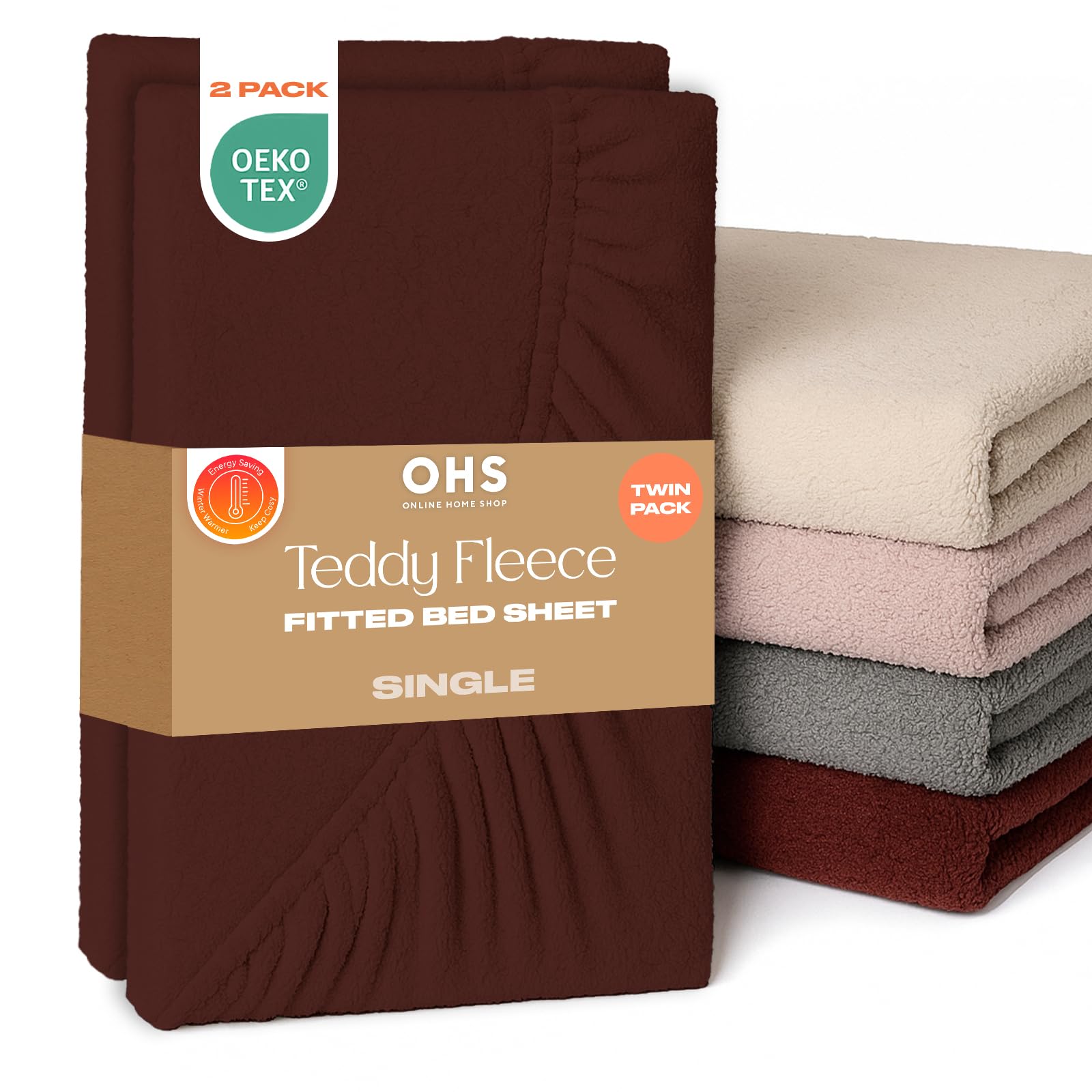 Brentfords Chocolate 2 Pack Single Bed Sheets, Soft Warm Thermal Teddy Fleece Fitted Sheet Deep Pocket 25Cm Fade Resistant Cuddly Cosy Fluffy Teddy Bear Bedding Single 2 Pack, Brown
