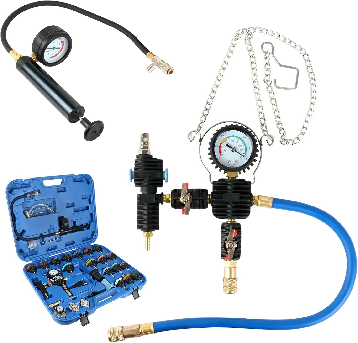 Coolant Pressure Tester and Vacuum Refill Kit with Pressure Gauge,28Pcs Coolant Radiator Pressure Tester Kit for Automotive Cooling System Water Tank Leakage Detection