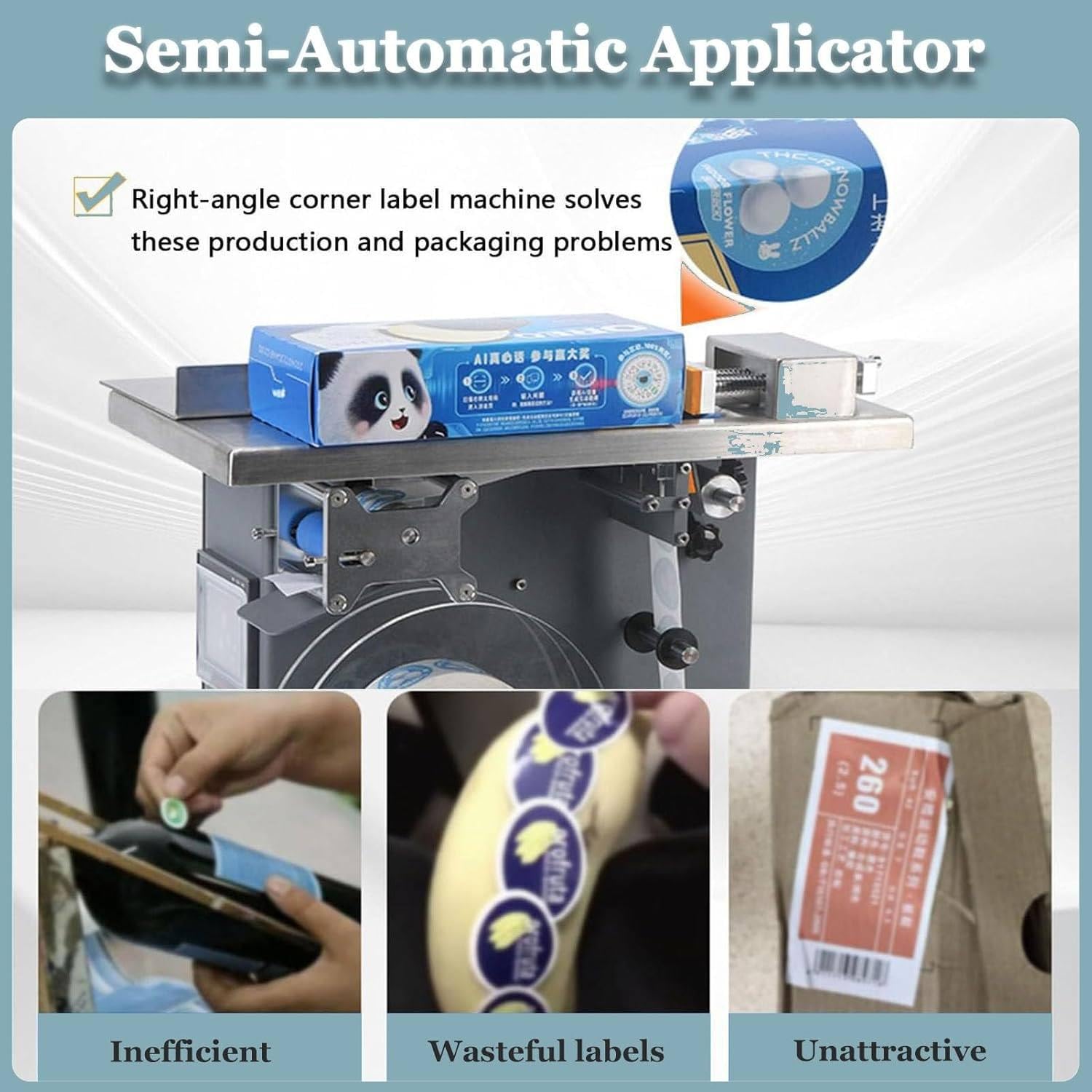 Etichettatrice, semiautomatica piatta e angolare, autoadesiva manuale, riconoscimento sensore di luce, 200 W, 15-30 pz/min per imballaggi di cartoni e prodotti di piccole imprese