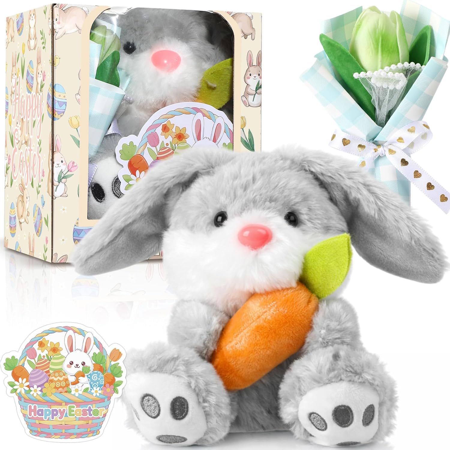 Skylety Easter Stuffed Bunny Gift Set Including 5.3 Inch Stuffed Sitting Lop Eared Rabbit with Carrot, Artificial Flower, Card and Box for Easter Hunt Basket Stuffers Egg Fillers Rabbit in Box(Gray)