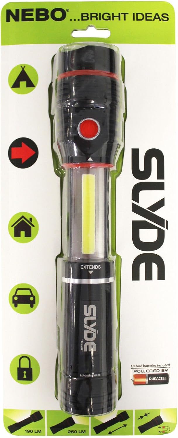 300 Lumen LED Flashlight Work-Light: Chip on Board (COB) Technology; Red Light Mode and Red Flashing Light Mode; 4x Adjustable Zoom with Magnetic Base; Powered by 4x AAA batteries (included) - NEBO 6525