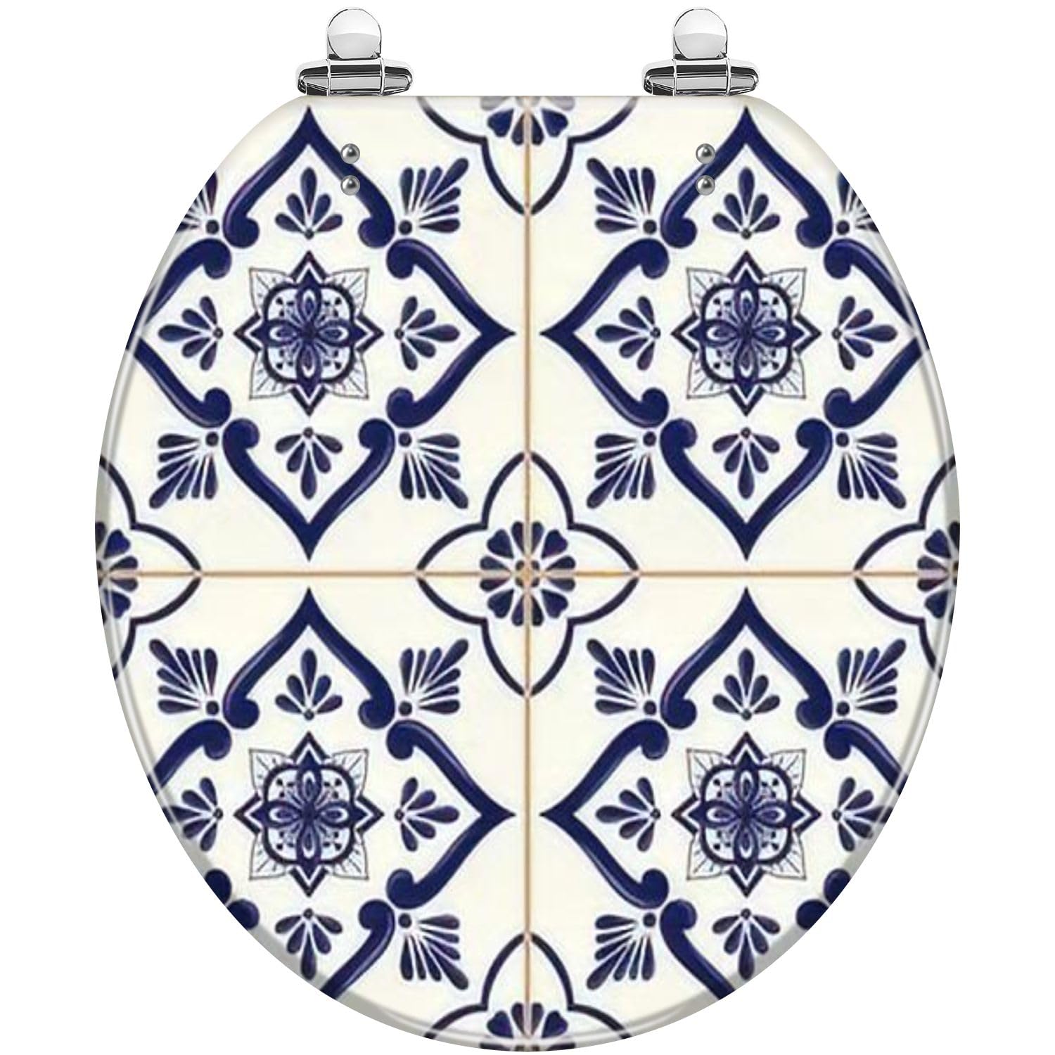 Round Toilet Seat Spanish tile pattern seamless blue white ornament Portuguese mexican Resin Toilet Seat Slow Quiet Close with Quick-Release Hinges Toilet Seat with Cover Easy to Clean Install