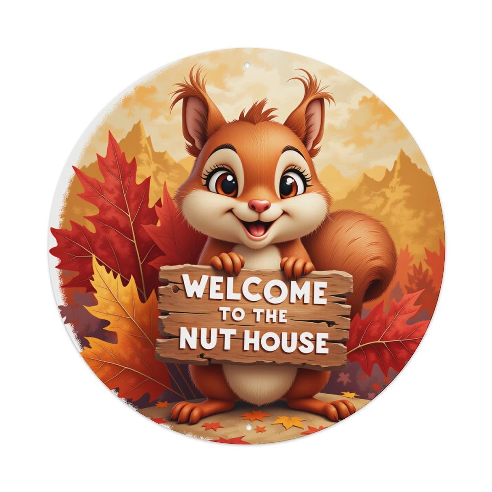 Cute Squirrel Autumn Leaves Sign Round Tin Sign Vintage Metal Poster, Home Bar Garage Man Cave Cafe Indoor & Outdoor Wall Decoration 8x8Inches