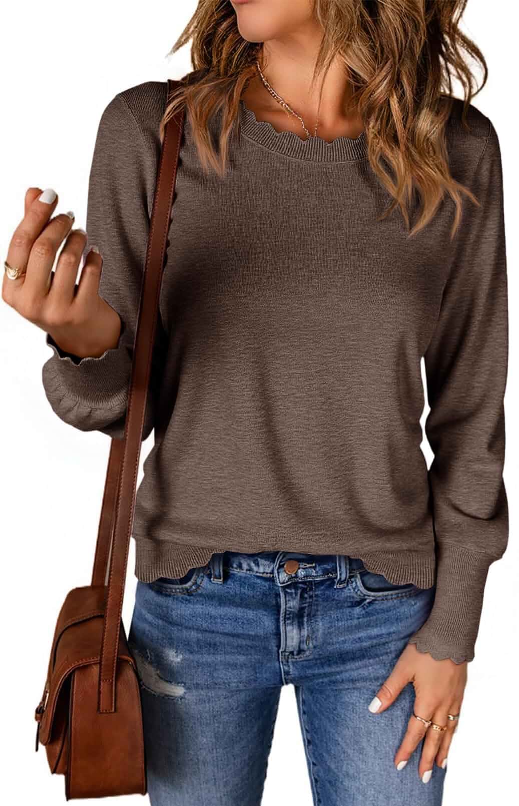 Cicy Bell Womens Crewneck Long Sleeve Sweater Fall Lightweight Pullover Top Trendy Casual,Scallop Trim,Cute Knit,Polka Dot