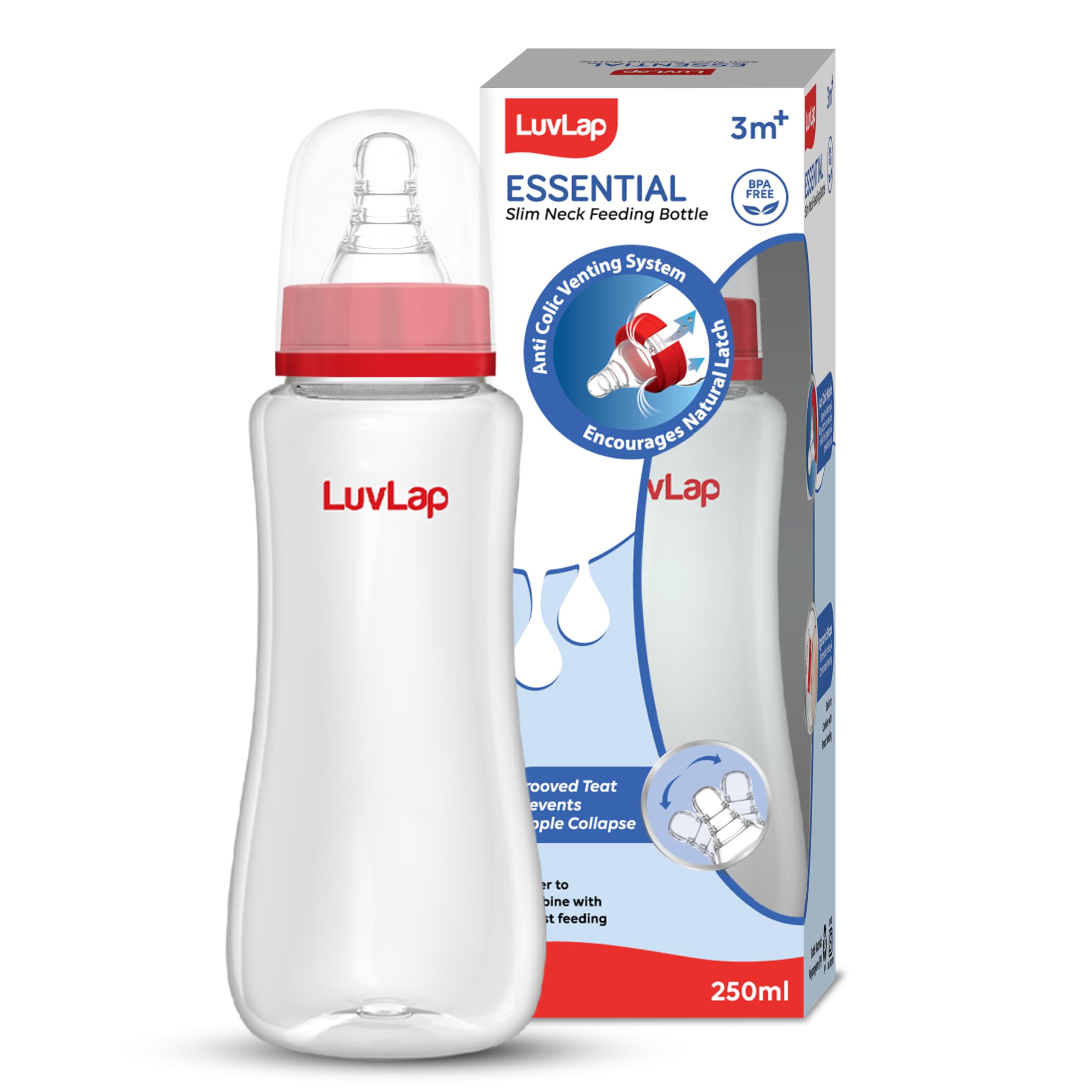 Luv Lap Anti-Colic Slim Neck Essential Baby Feeding Bottle, 250ml