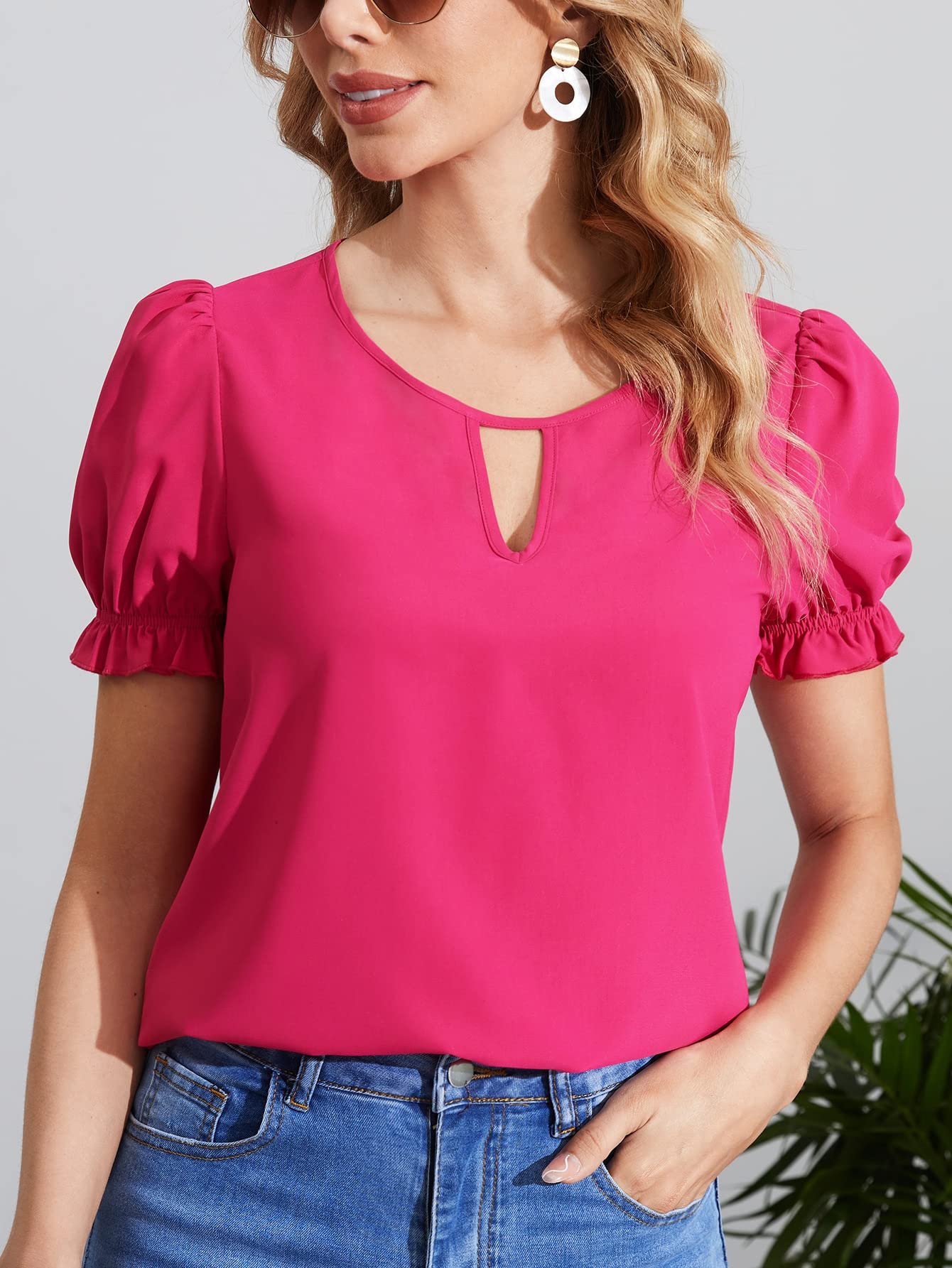 Amazon.com: Womens Summer Tops Keyhole Neck Puff Sleeve Blouse (Color : Hot  Pink, Size : Small) : Clothing, Shoes u0026 Jewelry