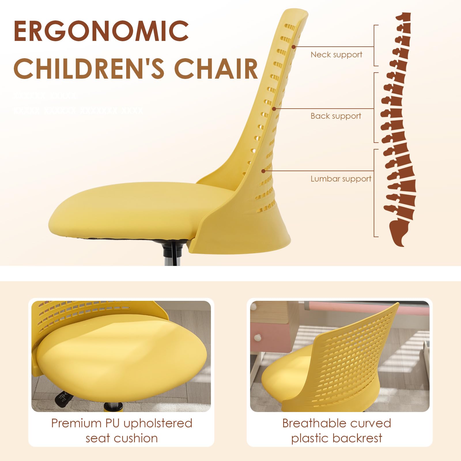 Ya-Home Sedia da Scrivania per Bambini Sedia Girevole Regolabile in Altezza Sedia Studio Bambina senza Braccioli Sedia Gioco Bambino con Schienale Sedia Bambini con Poggiapiedi per Cameretta, Giallo