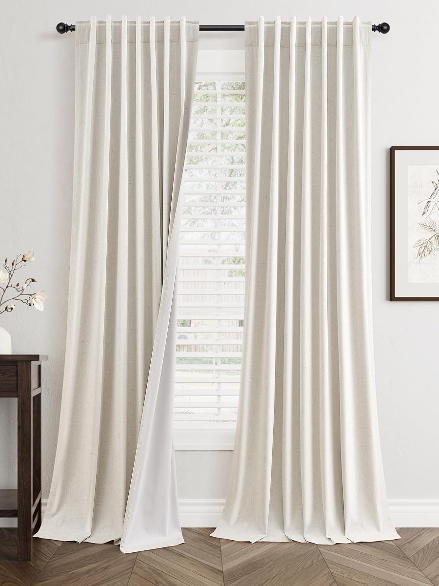 Jowels Natural Linen Blackout Curtains 84 Inches Long for Bedroom Windows | Thermal Insulated 100% Black Out Boho Curtains for Living Room, Back Tab Noise Reducing Drapes, 52"W x 84"L, 2 Panels Set