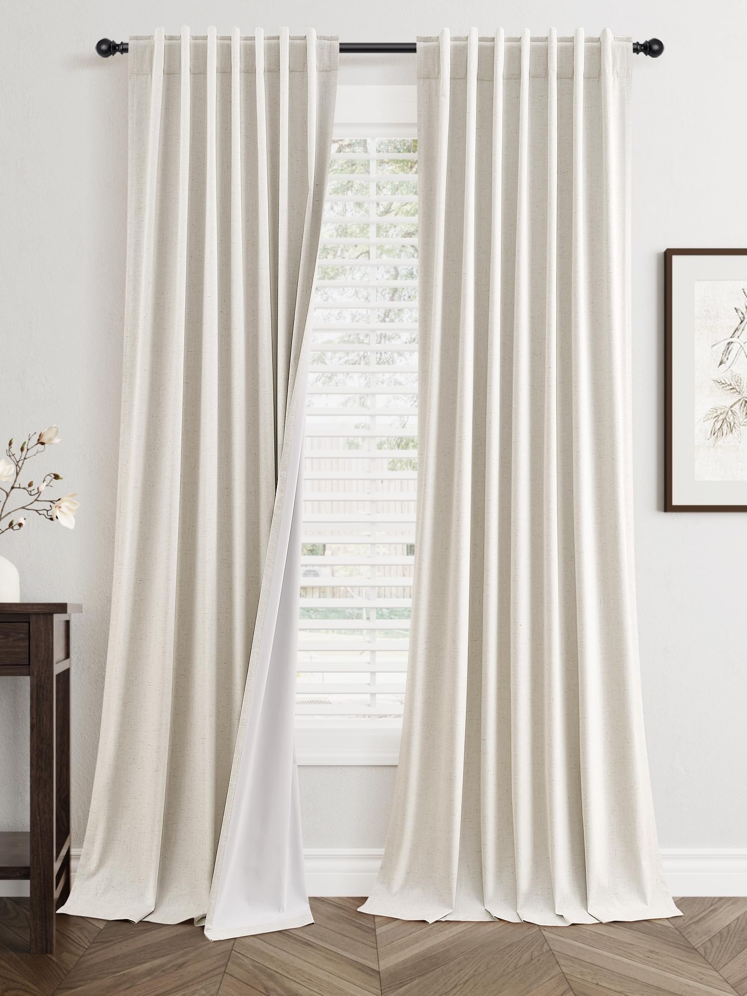 Photo 1 of 108 Inch Linen Blackout Curtains 2 Panels for Bedroom Living RoomCream Natural 100% Black Out Curtains 108 Inches Long Thermal Noise Reduction Light Blocking Drapes Rustic Country 9ft Back Tab Beige