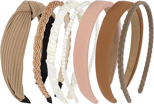 Headbands for Women, 7Pcs Brown Headband Set Cute Pearl Headband Padded Headbands, Wide Head Bands Hair Accesories for Women Girls