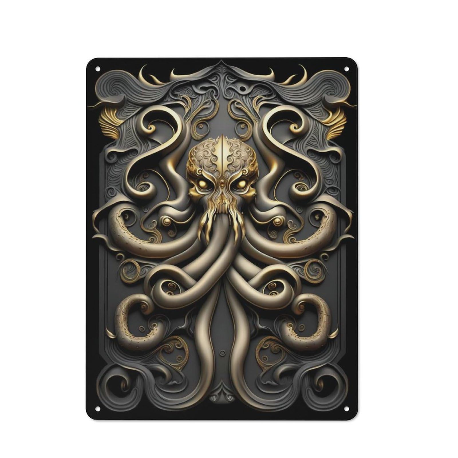 Junmoney Style-23 Metal Sign 40X30cm With Golden Kraken Cthulhu For Workshop Wall, Vintage Decor, For Vintage Wall Decor Fans, For Metal Sign Collectors