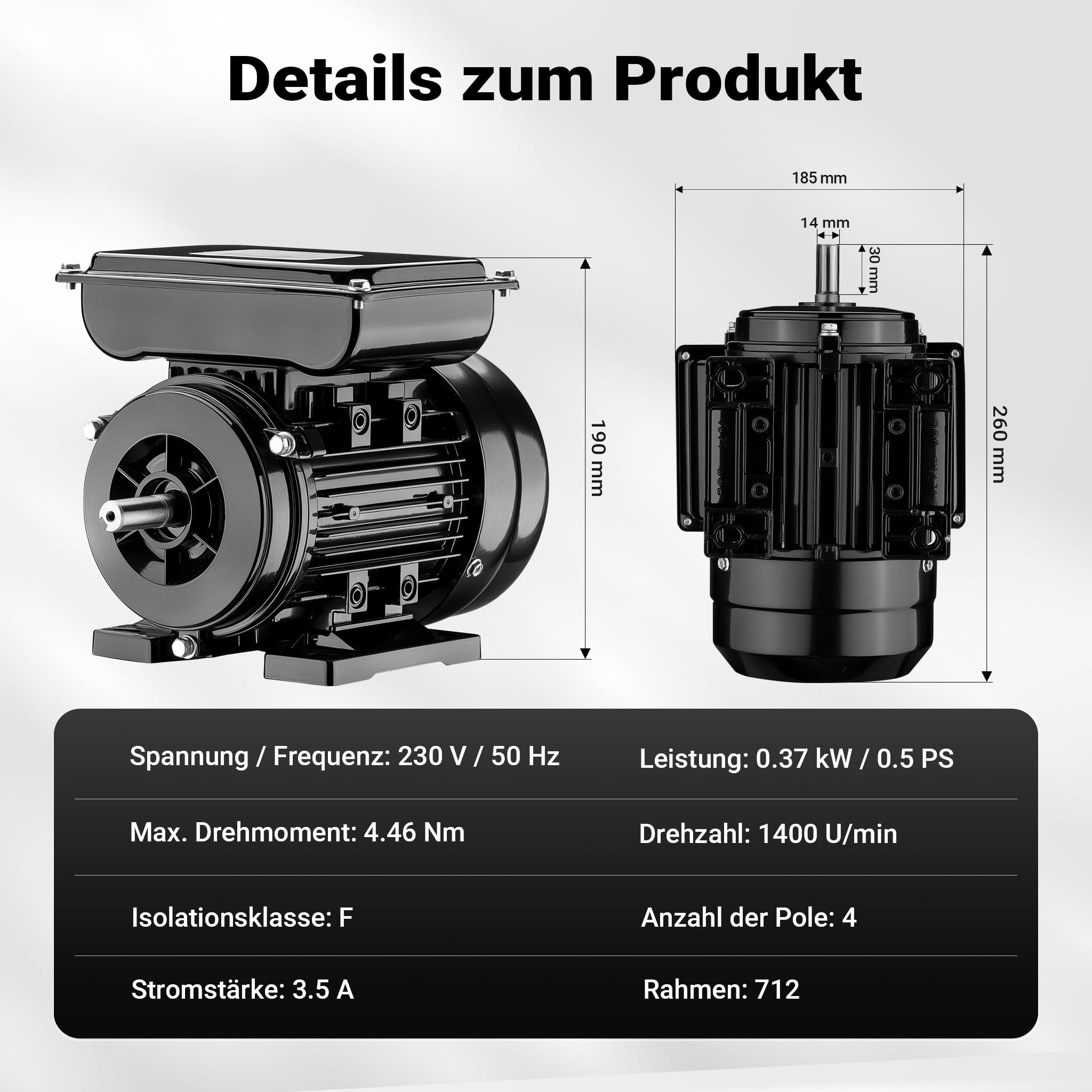 Wiltec Elektromotor 1-phasig, Elektro Motor 4-polig 0,37 kW, Einphasen Wechselstrommotor 1400 U/min, Induktionsmotor Aluminium, kompakter Motor
