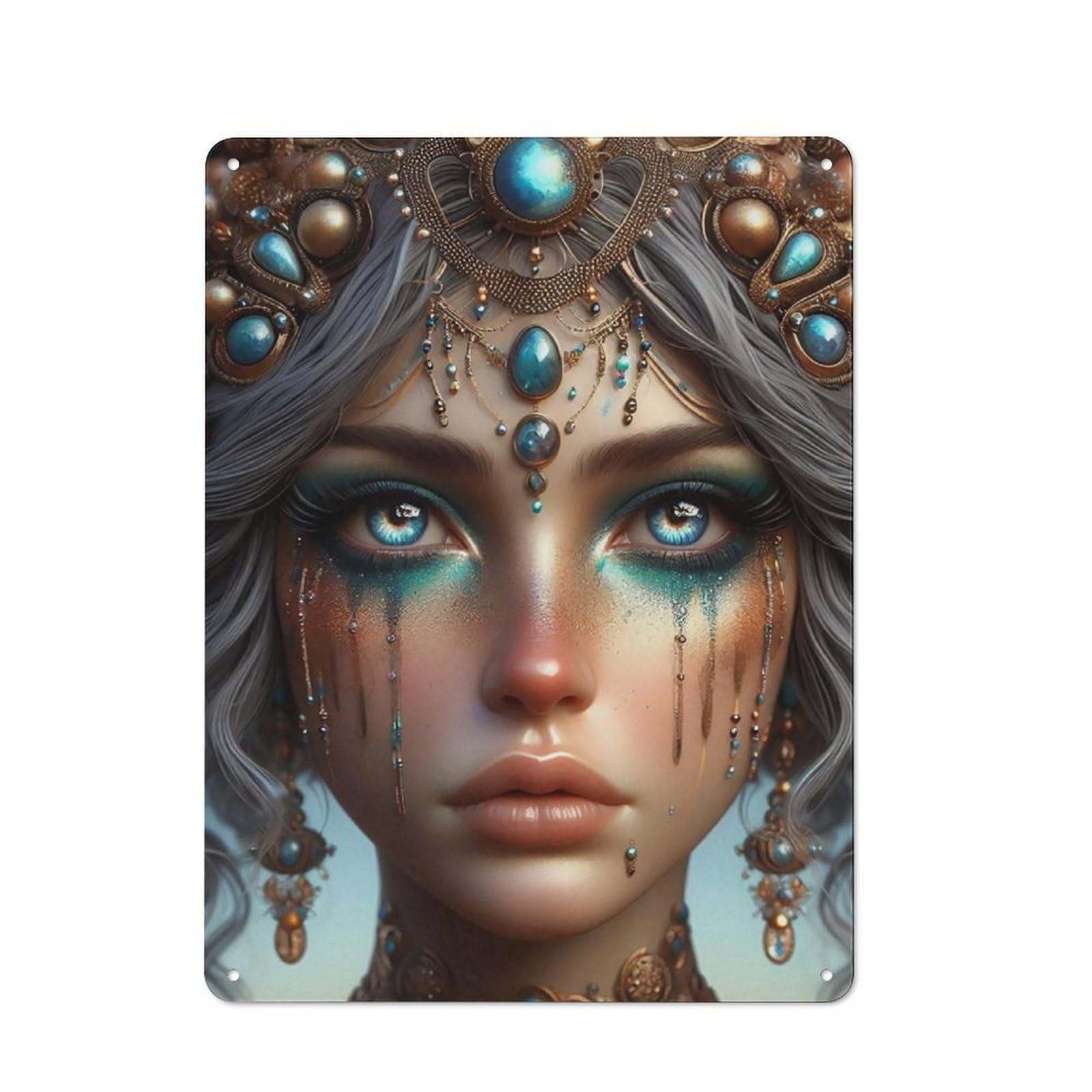 Junmoney Fantasy Portrait With Jewels Rustic Tin Sign 40X30cm Featuring For Bar Or Restaurant, A Housewarming Gift For Bar Decor Enthusiasts