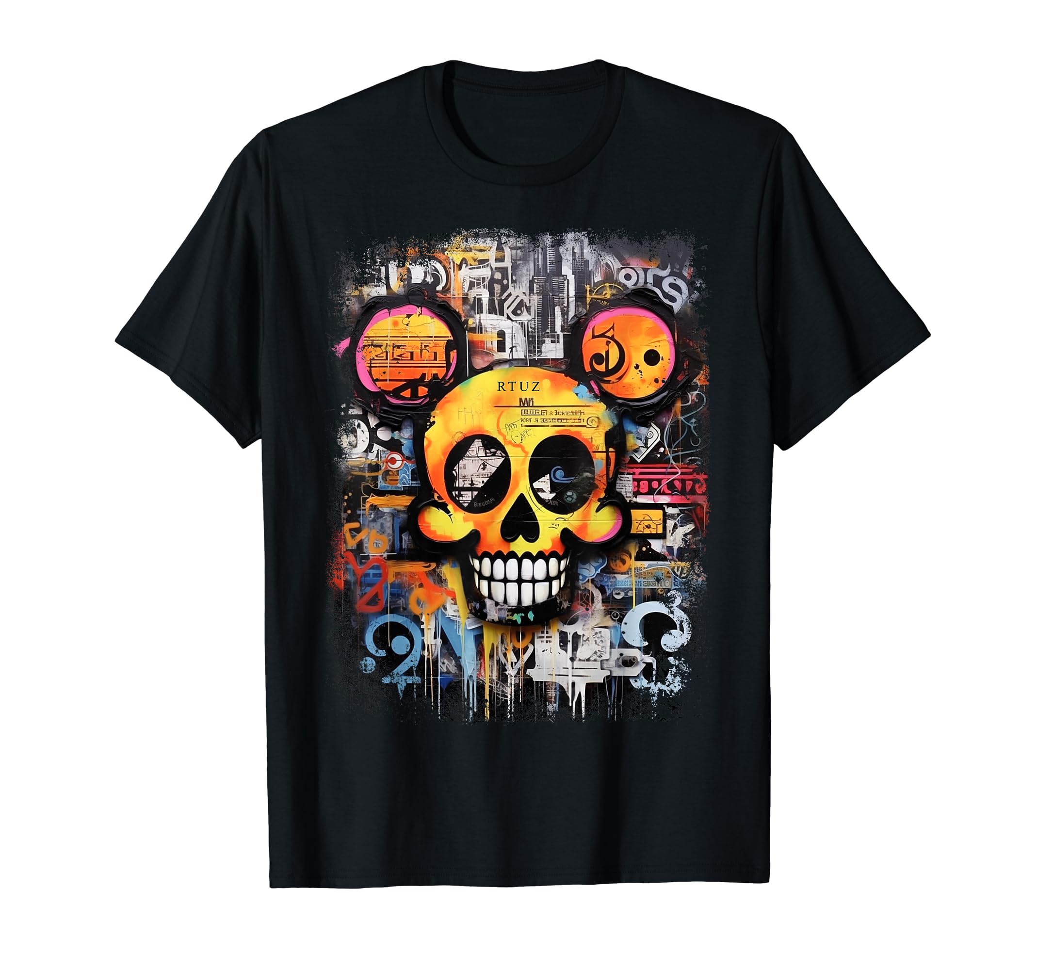 RTUZMouse Skull Vintage Graffiti Biker Rocker Horror Skull T-Shirt