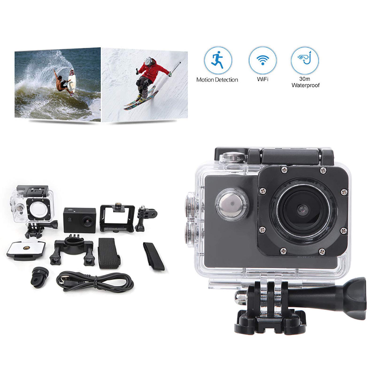 Fotocamera Sportiva HD, Videocamera di Azione WiFi HD 1080P per Esterni con Kit di Accessori per Supporti Impermeabili per Custodia per L'Equitazione All'Aperto, Il Surf Subacqueo