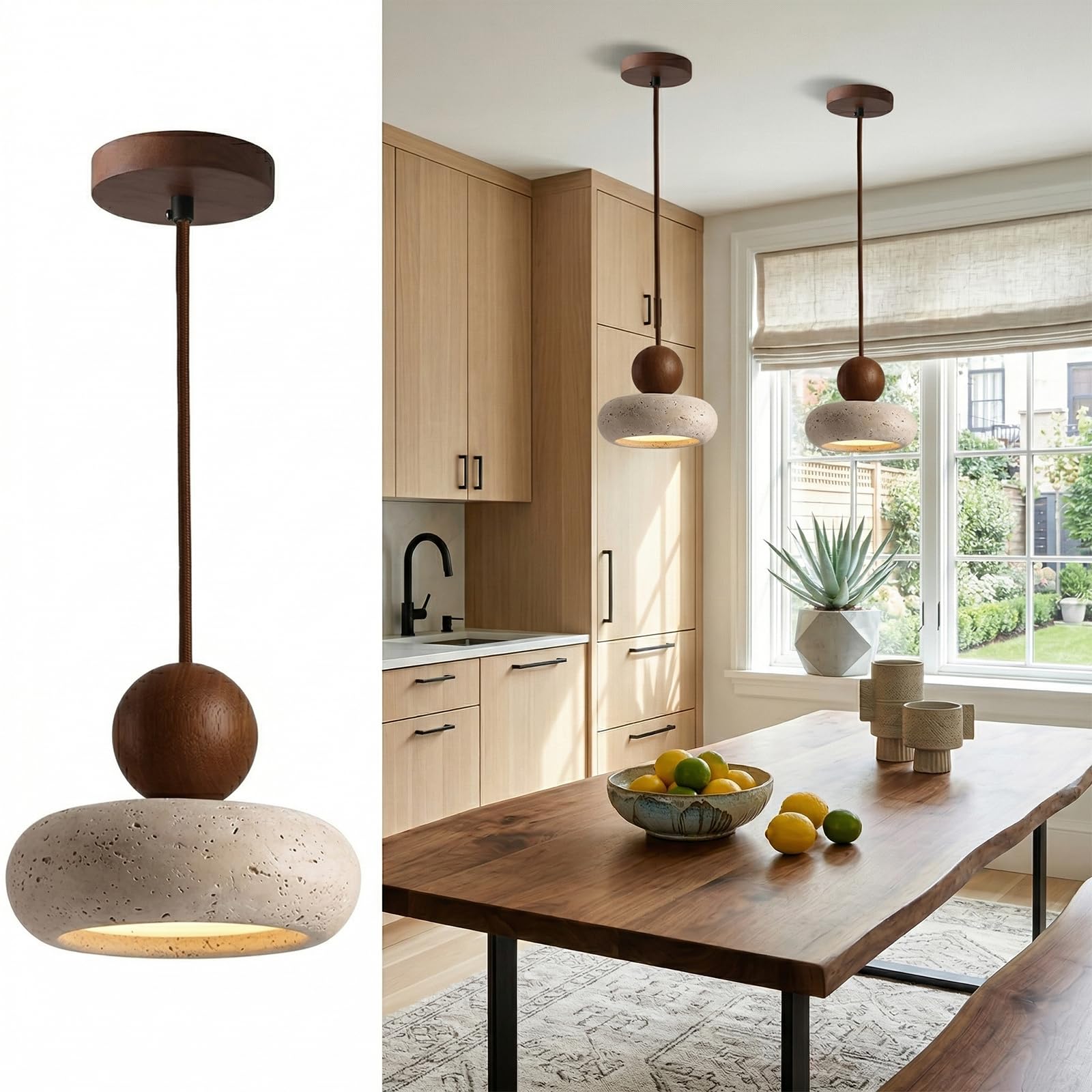 KXEcoLife Natural Yellow Travertine Pendant Light, Style LED Ceiling Lamp 3000K for Bedroom, Kitchen Island, Dining Room, Interior Lighting Fixture (A)