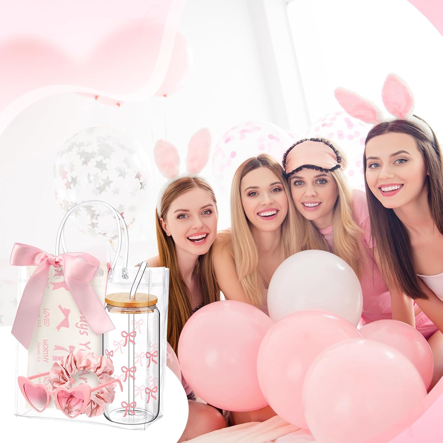 Maxdot Valentines Christian Pink Bow Gift Set, 16 oz Coquette Bow Glass Cup, Christian Makeup Bag, Pink Sunglasses, Scrunchie, Preppy Coquette Stuff with Gift Bag for Women Girls Bestie Party Favors - Image 4