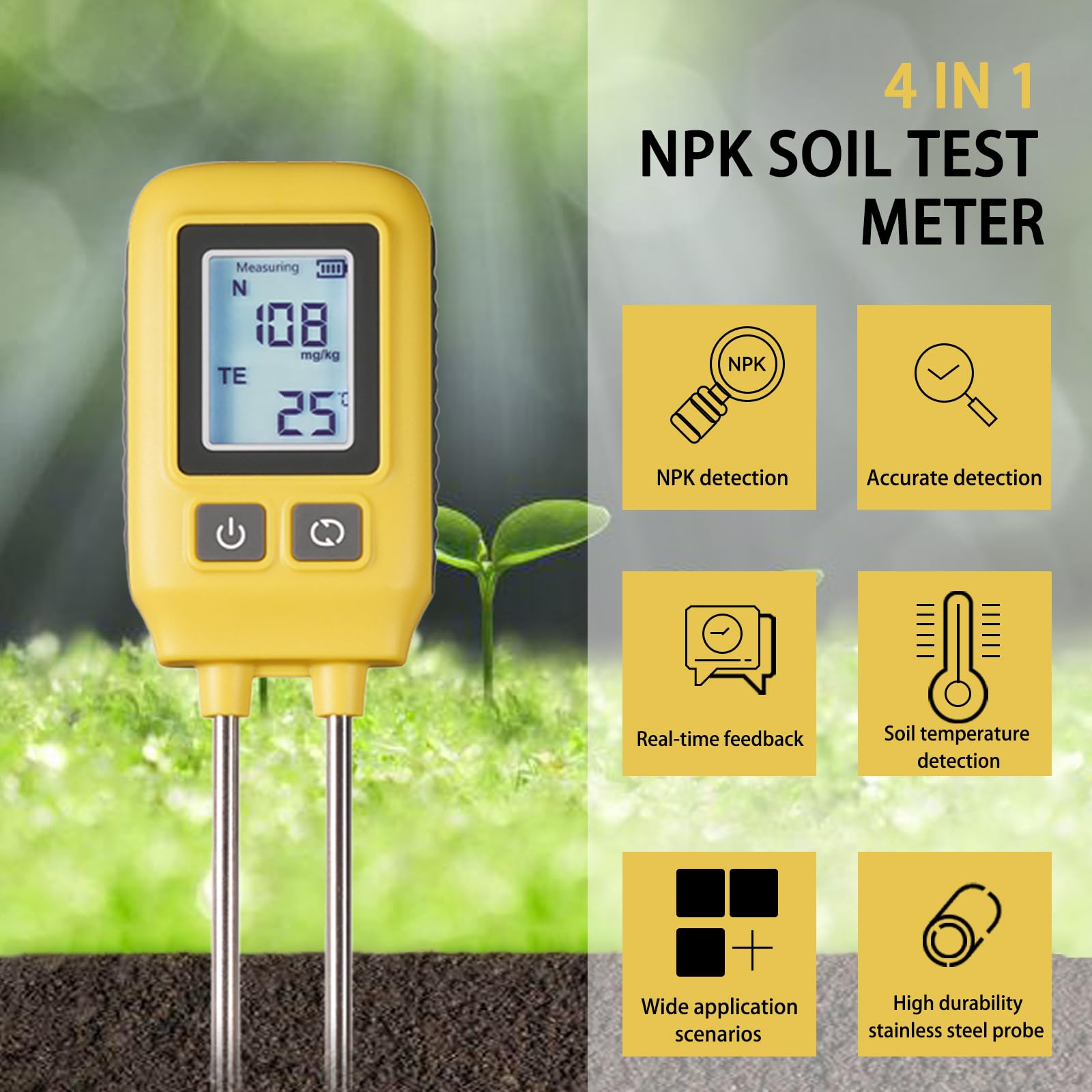Medidor digital 4 en 1 para medición de nitrógeno, potasio y temperatura, analizador de humedad y nutrientes del suelo de alta precisión para cuidado de jardín y granja