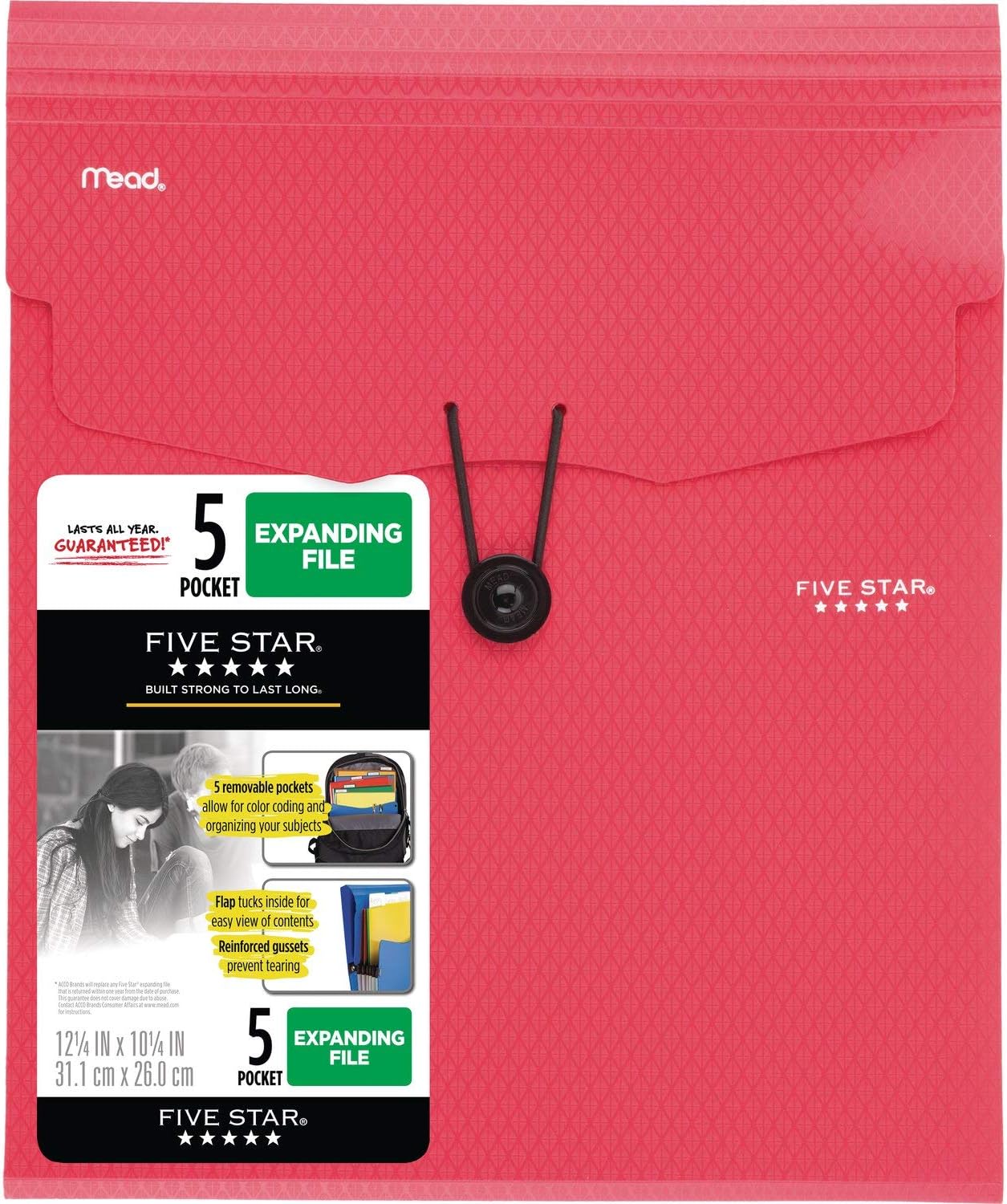 Five Star Expanding File Folder, 5-Pocket Vertical Expandable File Folder, Red (72693)