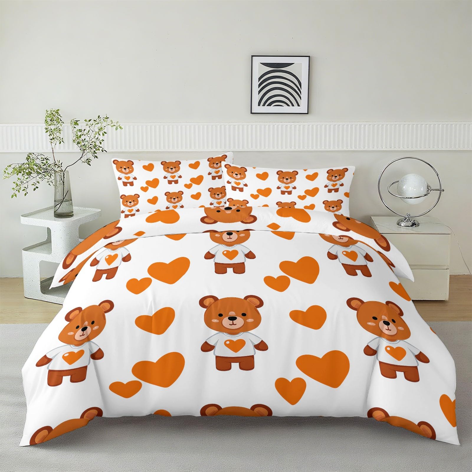 Generisch 3-częściowy komplet pościeli z motywem misia, serc, 220 x 240 cm, słodka pościel z motywem zwierząt z mikrofibry + 2 poszewki na poduszkę 80 x 80 cm, przytulna, miękka, biała pościel z